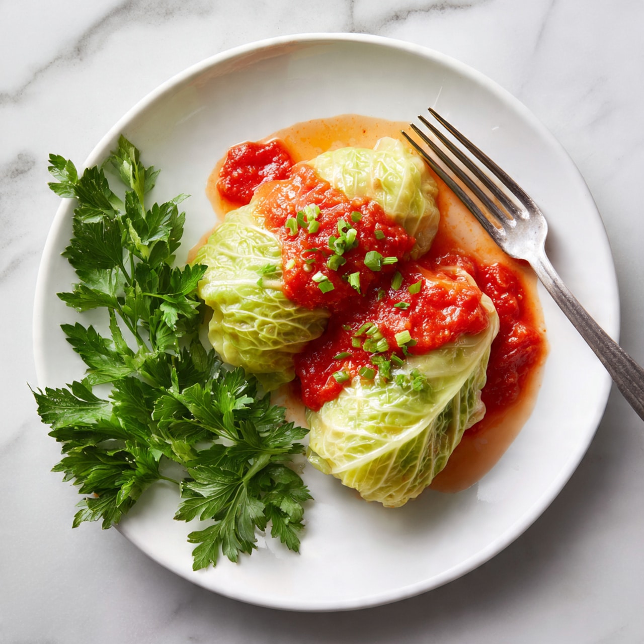 Two stuffed cabbage rolls are placed side by side on a white plate. Each roll is wrapped with pale green cabbage leaves that have a slightly shiny and soft texture. A bright red tomato sauce is spread over the top of the rolls and pools on the plate underneath. Small pieces of chopped green herbs are sprinkled on top of the sauce. To the side of the plate, there is a small cluster of fresh flat-leaf parsley leaves. A silver fork rests on the edge of the plate near the cabbage rolls. The plate sits on a white marbled surface. Photo taken with an iphone --ar 4:5 --v 7