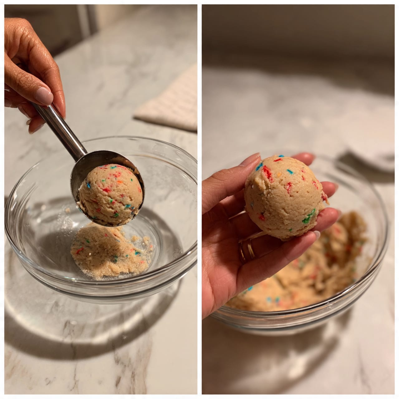 The image shows two views of a soft, light brown cookie dough with colorful sprinkles mixed in. In the first view, a woman's hand is using a metal scoop to lift a round ball of dough from a clear glass bowl resting on a white marbled surface. The dough looks smooth with tiny bits of red, green, and blue sprinkles inside. In the second view, a woman's two hands hold a round ball of dough above the same glass bowl, showing the dough's smooth texture and the small colorful sprinkles clearly. The background is softly lit, emphasizing the dough and the woman's hands. photo taken with an iphone --ar 4:5 --v 7