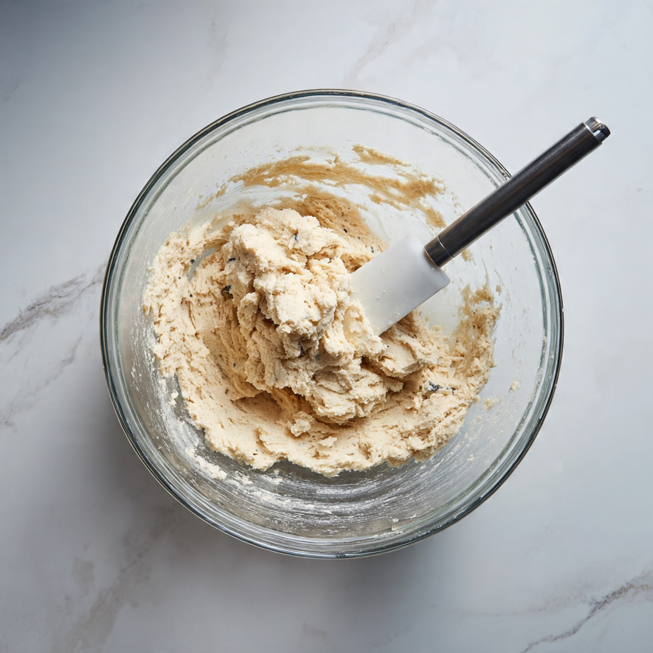 A clear glass mixing bowl filled with pale beige cookie dough, showing a slightly lumpy and thick texture. Inside the bowl is a white spatula with a black handle resting on the dough, partially covered by the dough. The bowl sits on a white marbled surface with soft few grey veins visible. Photo taken with an iphone --ar 4:5 --v 7