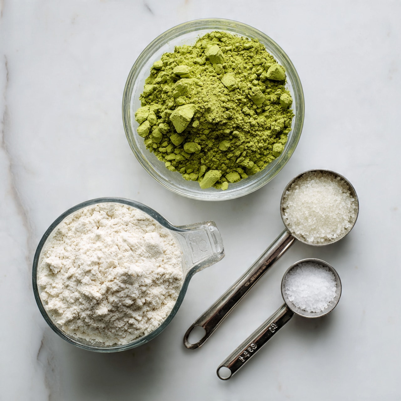 The image shows a flat lay of baking ingredients on a white marbled surface. There is a clear glass measuring cup at the bottom left filled with white flour, slightly heaped. Above it is a clear glass bowl holding bright green matcha powder, with some small clumps visible in the powder. On the right side, two metal measuring spoons lie flat; the larger one contains a white powder, and the smaller one holds a small amount of fine white salt. photo taken with an iphone --ar 4:5 --v 7