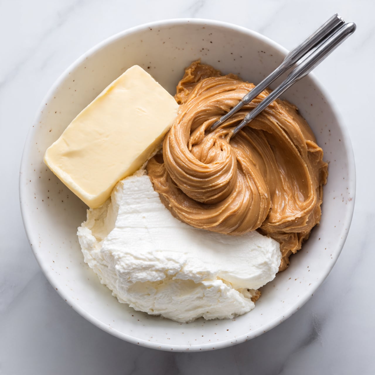 Inside a white bowl on a white marbled surface, there are three main layers: a block of creamy white cream cheese at the bottom, a thick square of pale yellow butter on the left, and a generous swirl of smooth brown peanut butter on the right. The peanut butter has a rich, shiny texture, and metal beaters are resting in the bowl, partially covered by the peanut butter. The bowl has a simple, slightly speckled pattern, and the image has a bright, clear look. Photo taken with an iphone --ar 4:5 --v 7