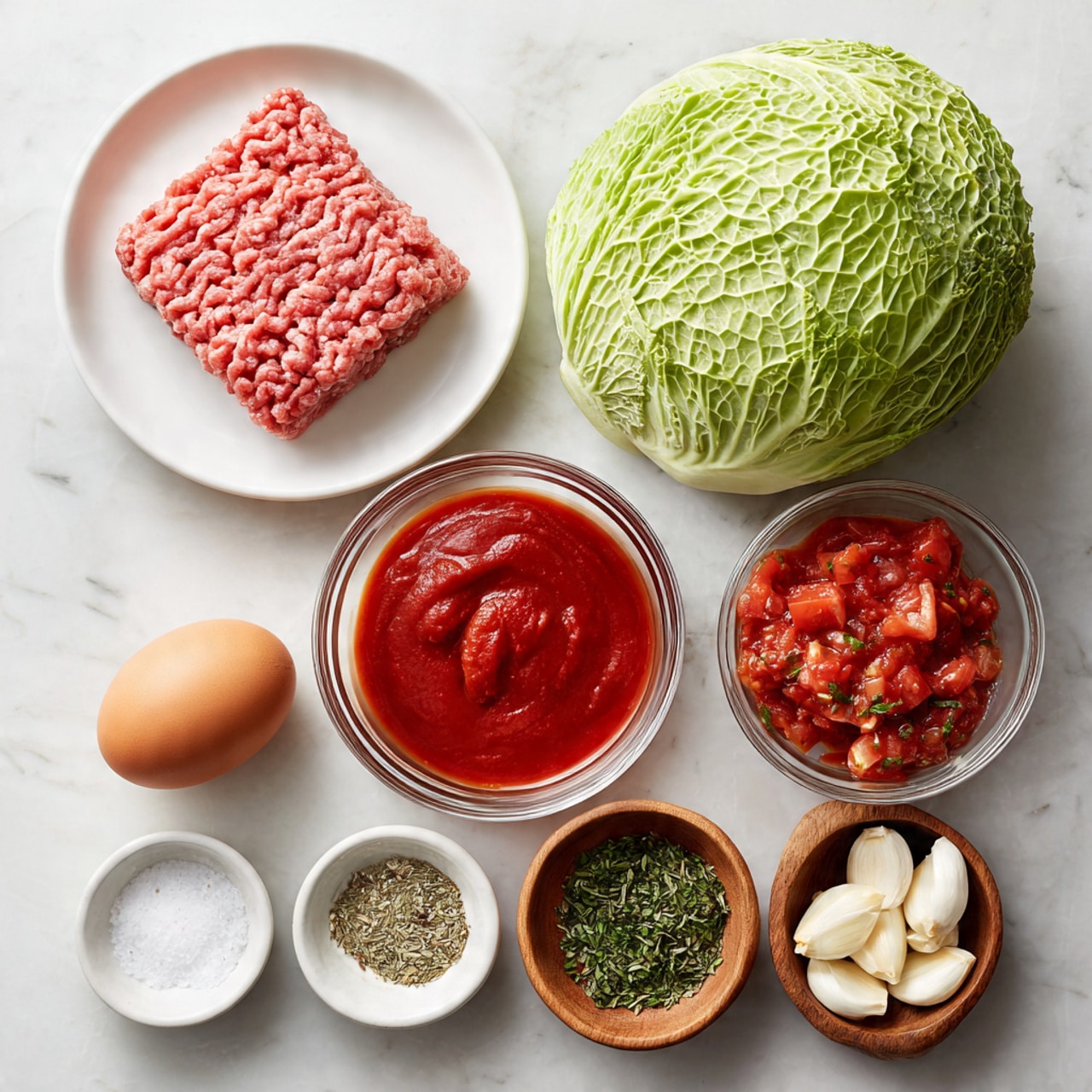 The image shows several ingredients placed on a white marbled surface. There is a square block of raw ground meat, pink in color, on a white plate in the top left. Next to it on the right is a large green cabbage, round and whole. Below the meat is a small clear glass bowl filled with smooth red tomato sauce, and next to it is another clear glass bowl with chunky diced tomatoes mixed with herbs. Below these bowls, there is a single brown egg. To the right side, there are four small round bowls arranged in a cluster: a white bowl with white salt crystals, a white bowl with a mixture of salt and black pepper, a wooden bowl with dried green herbs, and another wooden bowl with five peeled white garlic cloves. photo taken with an iphone --ar 4:5 --v 7