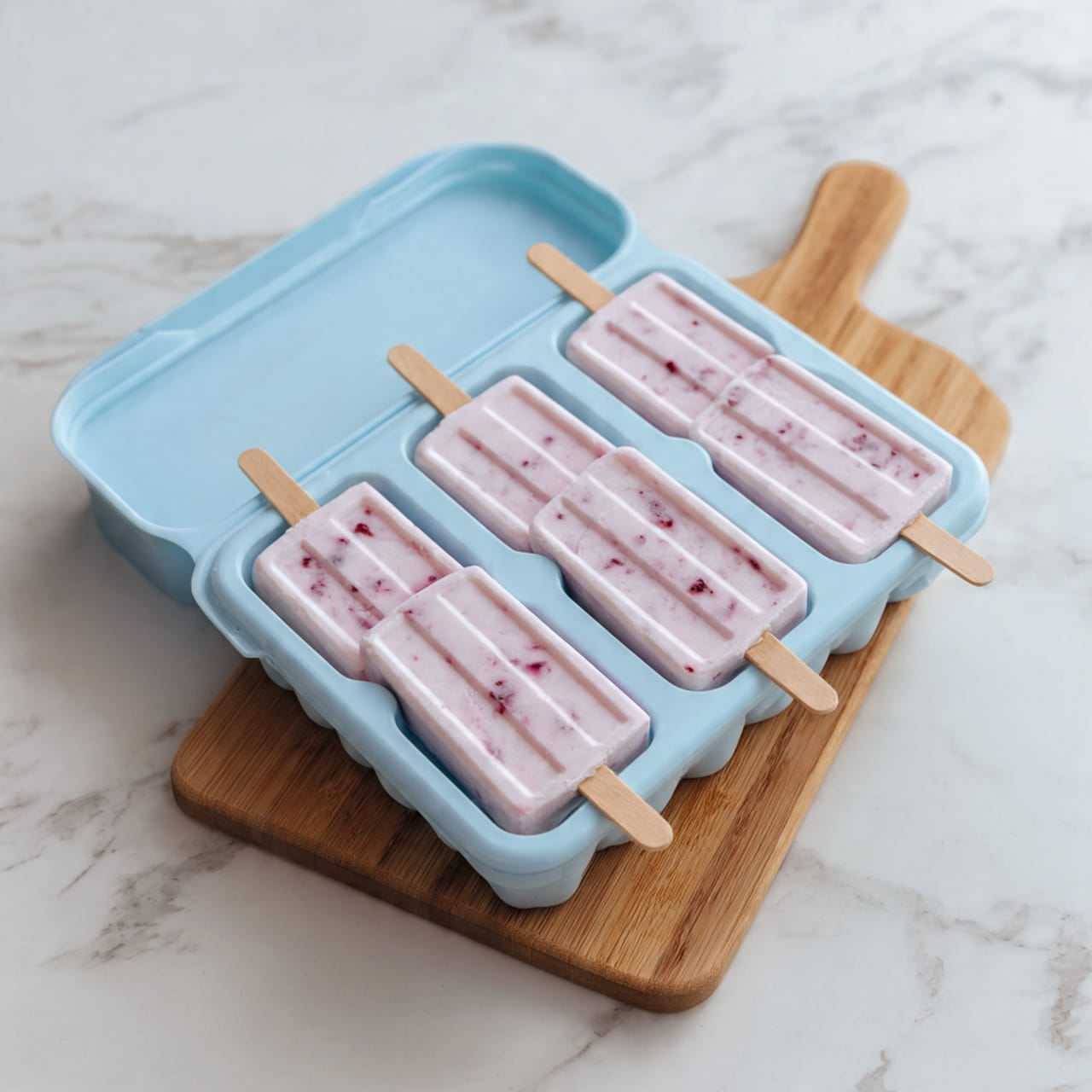 A light blue ice pop mold is filled with a pale pink mixture with small red specks, evenly spread in 12 rectangular cavities arranged in a 3 by 4 grid. The top cover of the mold, matching in color, sits beside it, with several plain wooden sticks placed on top. The mold rests on a small wooden board with a handle, all set against a white marbled surface. Photo taken with an iphone --ar 4:5 --v 7
