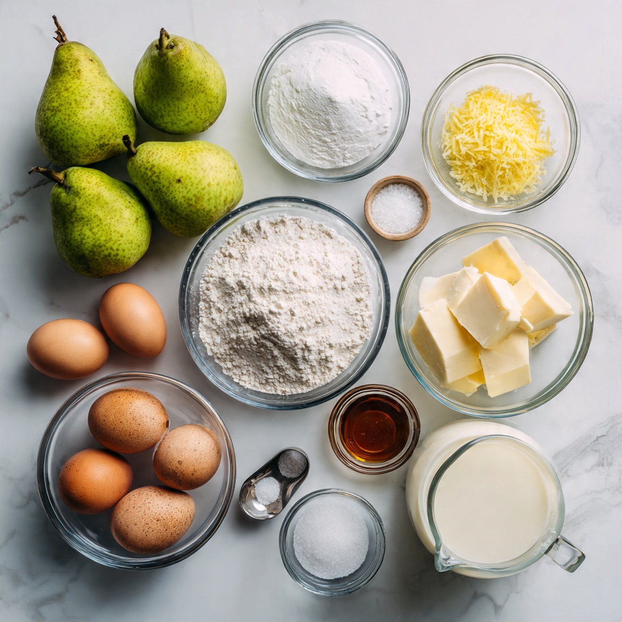The image shows ingredients neatly placed on a white marbled surface. There are four green pears on the left side, arranged with their stems showing. To the right, three clear glass bowls hold light brown sugar, white powdered sugar, and two sticks of pale yellow butter. Another glass bowl filled with white flour is placed centrally, slightly above a smaller bowl of white baking powder and a bowl with yellow lemon zest. Nearby, there are four brown eggs in a clear glass bowl, a small glass cup with a dark brown liquid, and a small metal bowl with coarse salt. A clear glass jug filled with a light yellow liquid is also present, alongside a small bottle of white milk and a jar with white sugar, completing the arrangement. The setting is bright and clean, with all ingredients clearly visible, photo taken with an iphone --ar 4:5 --v 7