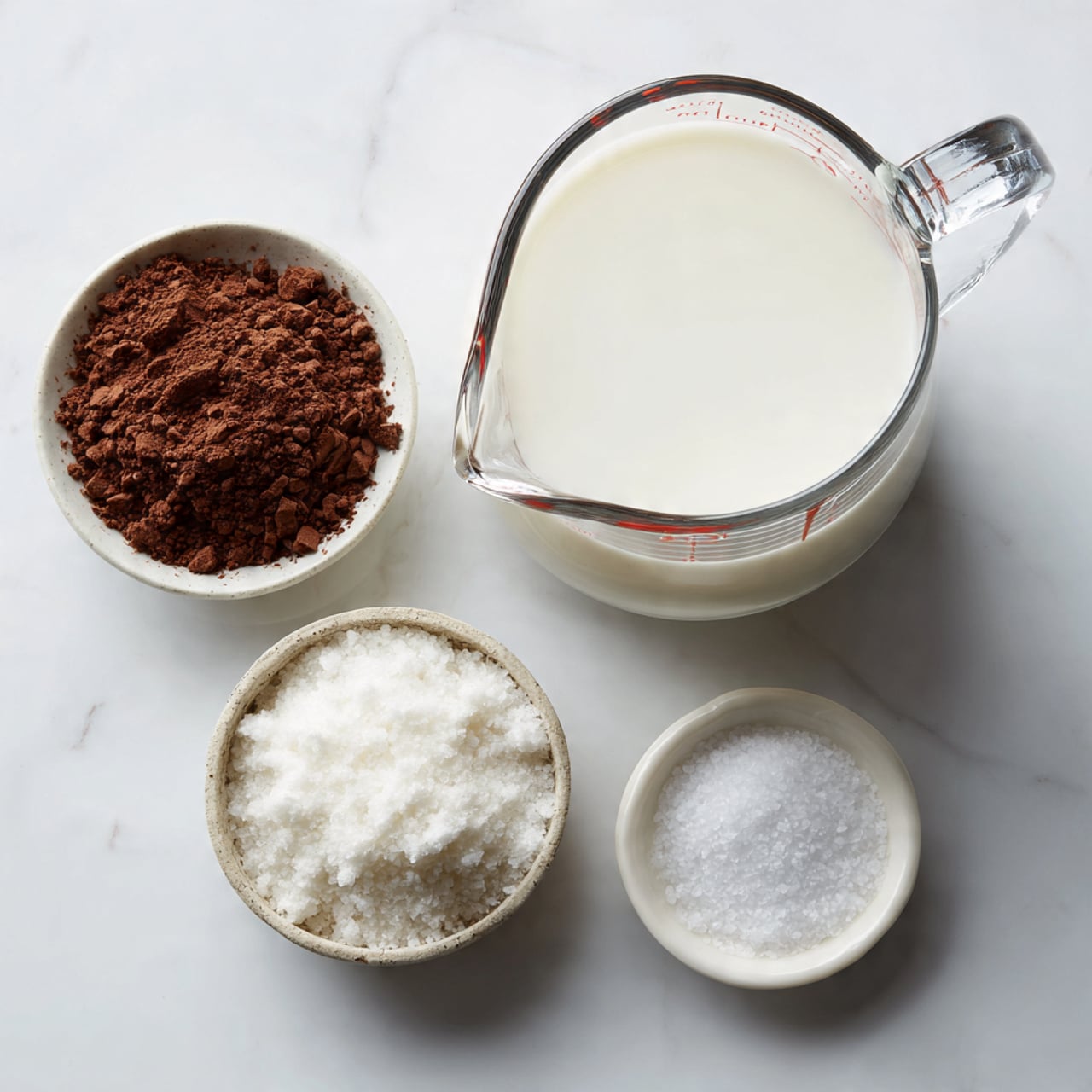 A clear glass measuring cup filled with white milk sits on a white marbled surface, next to three small white bowls containing dry ingredients: one with dark brown cacao powder, one with white sugar, and one with a small mound of salt on the white marbled surface without a bowl. The bowls and measuring cup are arranged in a loose square shape, evenly spaced with a simple, clean look, showing the textures of the powders and the smooth surface of the milk. photo taken with an iphone --ar 4:5 --v 7