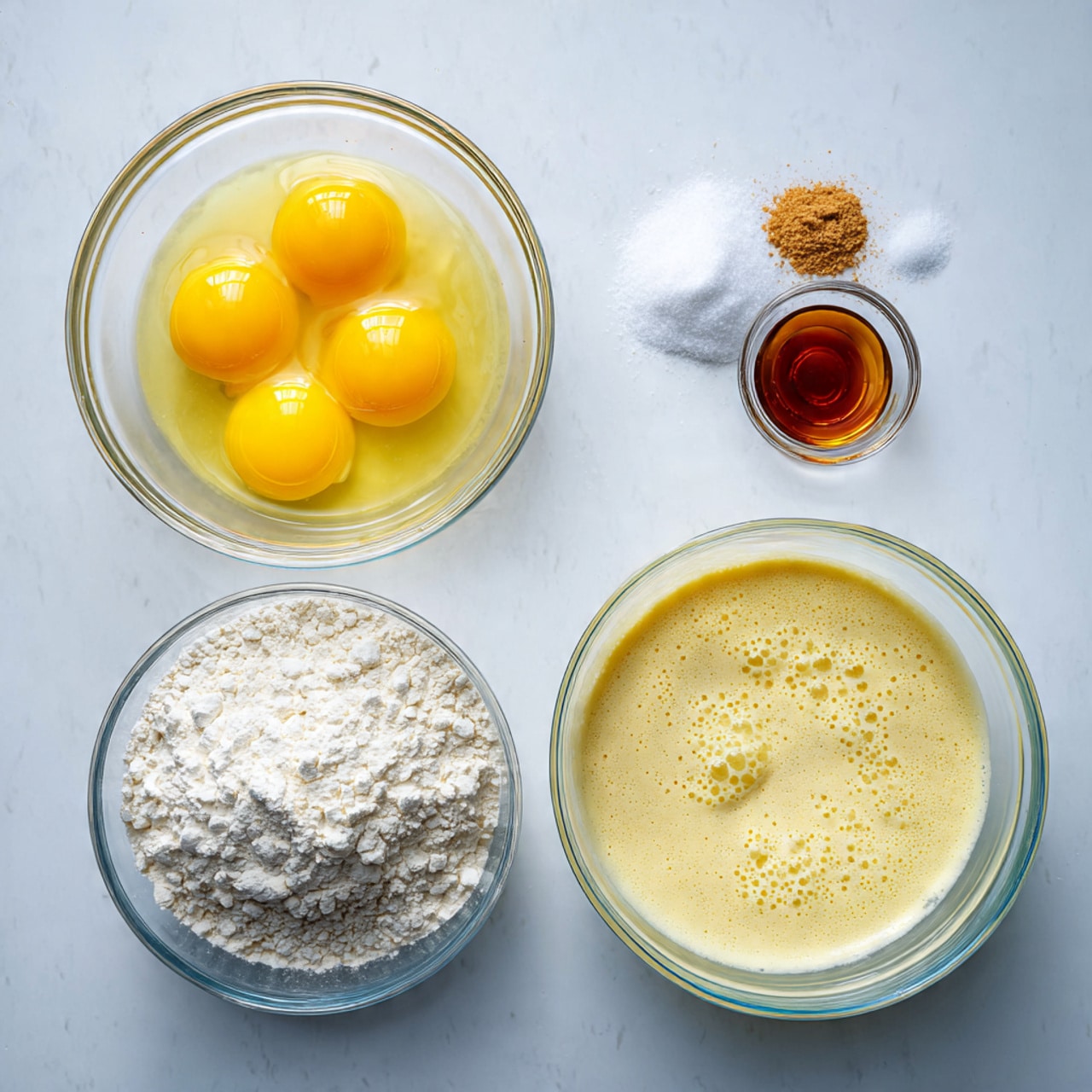 Three clear glass bowls sit on a white marbled surface in a row. The first bowl contains four raw yellow egg yolks with translucent whites, a mound of white sugar, a smaller pile of light brown sugar, and a splash of dark vanilla extract, all resting separately. The second bowl shows a mixture of light yellow liquid batter with many small bubbles, topped with a heap of white flour partially sinking into the batter. The third bowl displays the batter fully mixed, smooth, creamy, and pale yellow with a light frothy texture and tiny bubbles evenly spread on the surface. photo taken with an iphone --ar 4:5 --v 7