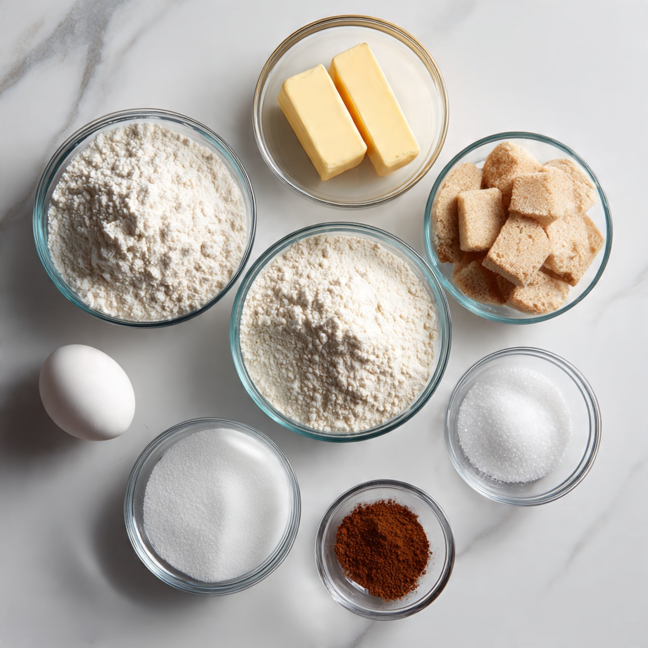 The image shows several clear glass bowls arranged on a white marbled surface, each holding a different baking ingredient. At the top center, a bowl contains two light yellow sticks of butter. Below it and to the left, a bowl is filled with fine white flour. To the left of the flour bowl, another bowl holds white granulated sugar. Above the sugar bowl are two small bowls with white powders, likely baking soda and baking powder. To the right of these is a small bowl with granulated white sugar, and just below it, a tiny bowl containing brown cinnamon powder. There is a single white egg placed on the surface near the left top corner of the flour bowl. The whole layout is neat and evenly spaced. Photo taken with an iphone --ar 4:5 --v 7