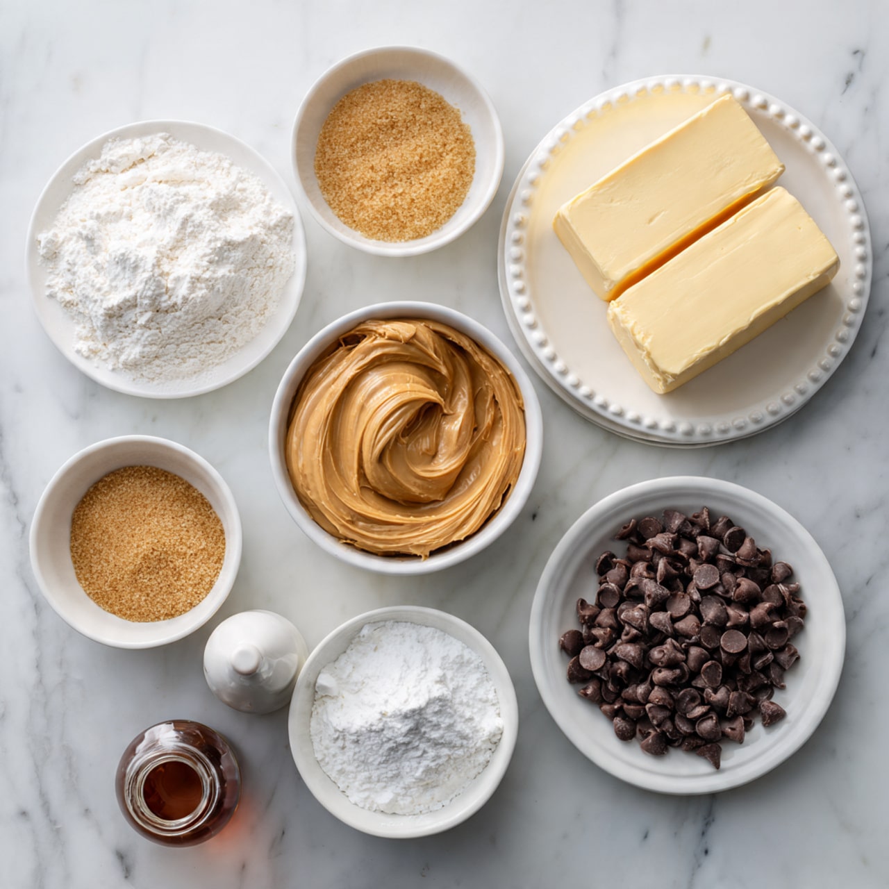 The image shows seven separate white bowls and plates arranged on a white marbled surface, each holding different baking ingredients. At the top right, a white plate with a beaded edge carries two rectangular blocks of cream and yellow butter side by side. Next to it on the left is a white bowl filled with smooth, light brown peanut butter, swirled in the center. Below that is a small white bowl with golden brown sugar packed inside. To the left and a little lower is another white bowl with white flour. At the bottom right, a white bowl is filled with dark brown chocolate chips. Lastly, at the bottom left, there's a small glass bottle with a brown liquid and a white ceramic stopper beside the flour bowl. The overall look is clean and organized, with soft lighting. Photo taken with an iphone --ar 4:5 --v 7