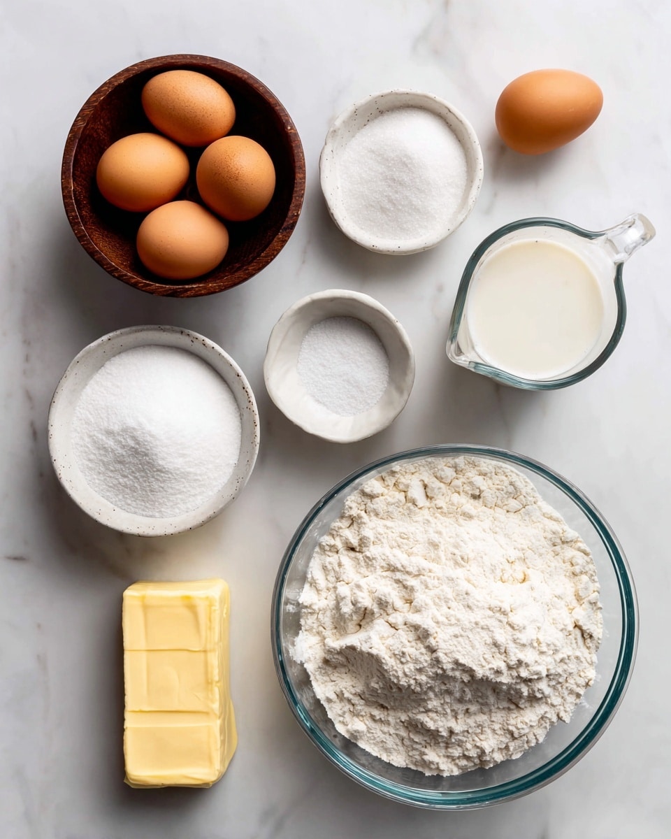 The image shows several ingredients arranged neatly on a white marbled surface. On the bottom right is a large clear bowl filled with white bread flour, showing a soft, powdery texture. Above it and slightly to the left is a smaller dark wooden bowl filled with white sugar, smooth and granulated. To the right of the sugar bowl is a clear glass measuring cup with white cold whole milk inside. Near the top center is a small white bowl with white salt. On the top left, there are three brown cold eggs with smooth shells. Below the eggs to the left is a white packet of yeast. Finally, to the bottom left, there is a stick of cold butter in yellow packaging with a softened edge. The overall setting is clean with a white marbled surface under all the items. photo taken with an iphone --ar 4:5 --v 7