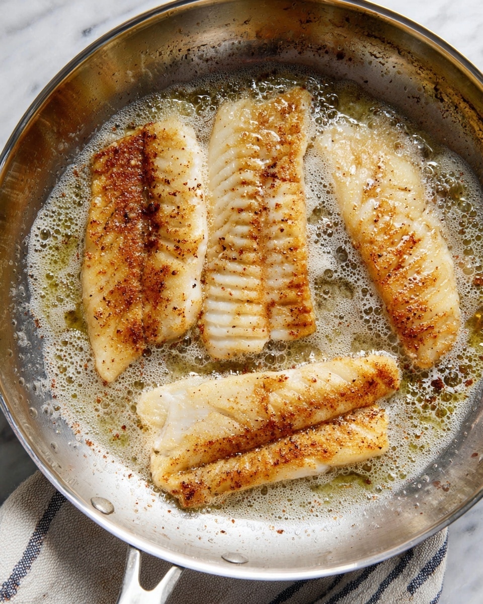 A stainless steel pan holds four light golden-brown fish fillets frying gently in bubbling butter, each fillet showing light grill marks and a slightly crispy texture on top, with tiny specks of seasoning scattered across their surfaces. The pan sits on a white marbled texture with a striped cloth partially visible underneath. The edges of the fillets are lightly crisped, and the butter around them is lightly foaming, showing a warm cooking scene. photo taken with an iphone --ar 4:5 --v 7