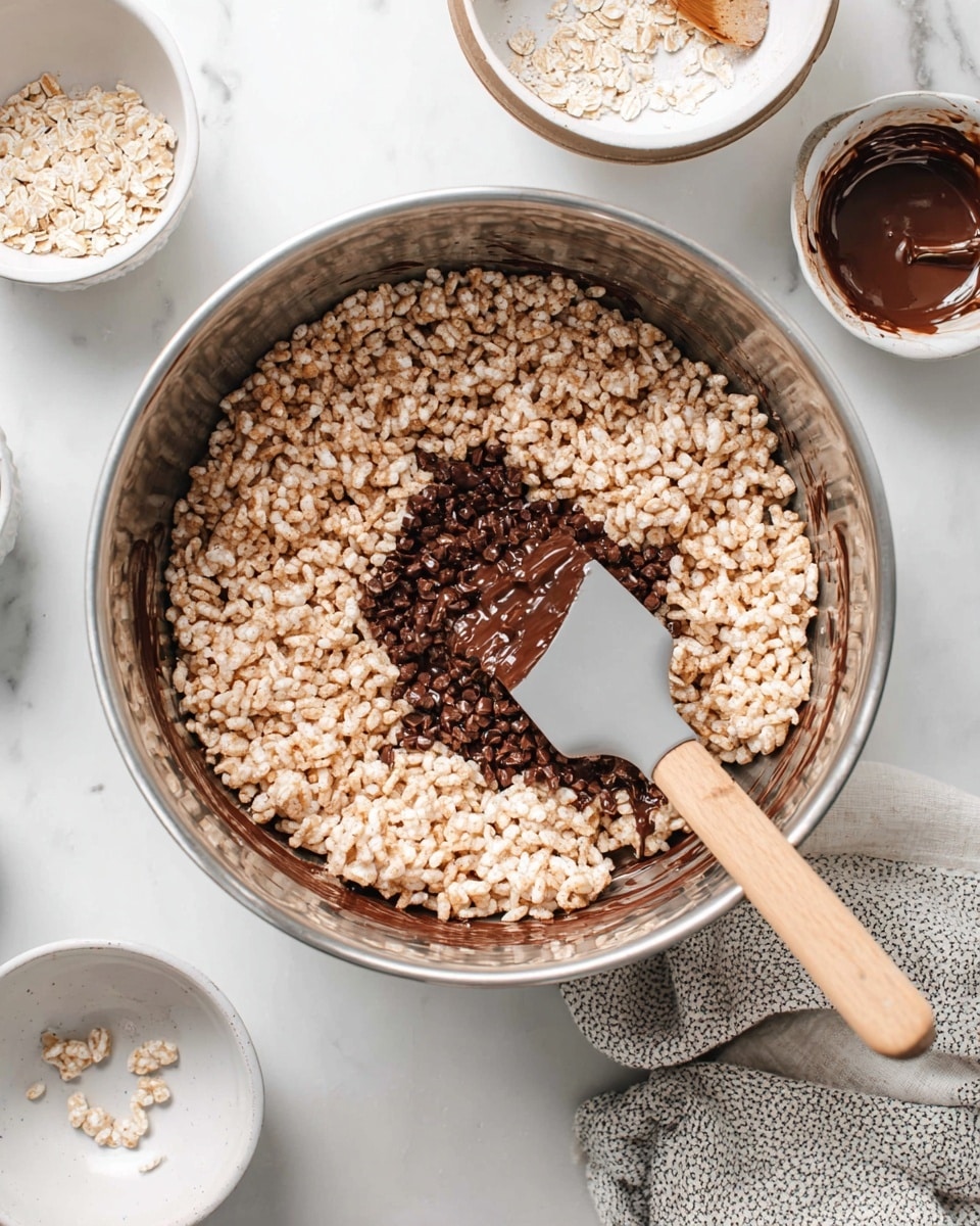 A large silver mixing bowl contains a layered mixture of light brown puffed rice cereal on top and dark brown melted chocolate beneath, partially mixed together with a gray silicone spatula that has a wooden handle resting inside the bowl. Surrounding the bowl on a white marbled surface are small white bowls, some empty and some with remnants of ingredients, and a light gray and white patterned cloth to the right. The scene is bright and clean, focused on the textured cereal and glossy chocolate mix. photo taken with an iphone --ar 4:5 --v 7
