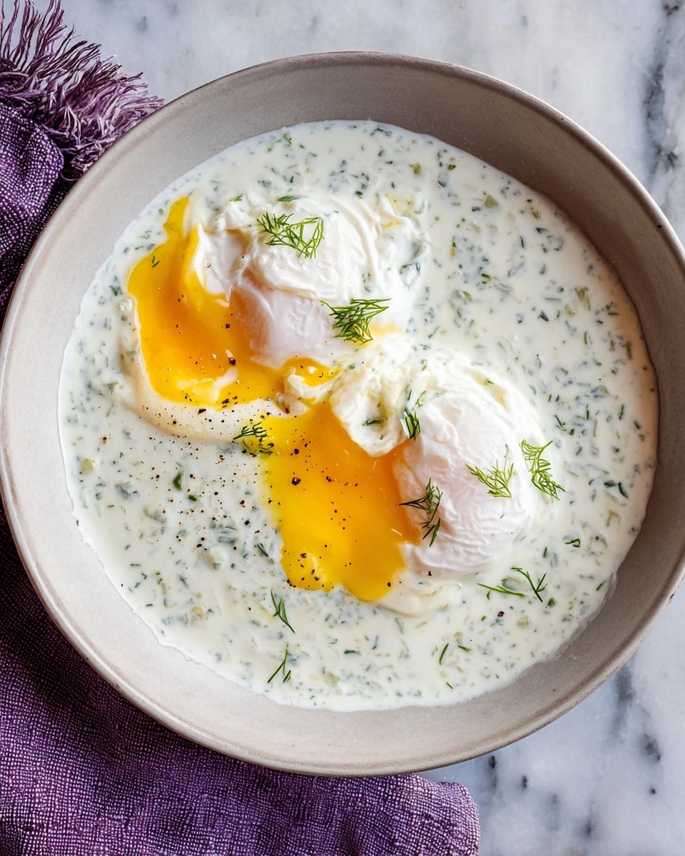 The image shows a white bowl filled with a creamy white sauce speckled with small green herbs, creating a textured look. On top of the sauce, there are two poached eggs with soft, white cooked whites and bright yellow runny yolks, one yolk partially oozing out. The bowl sits on a white marbled surface with a purple cloth to the side. Photo taken with an iphone --ar 4:5 --v 7