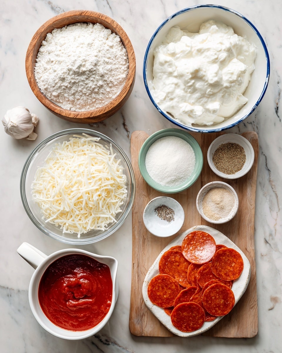 The image shows various ingredients arranged on a white marbled surface. At the top left is a wooden bowl filled with white flour. To the right of it is a white bowl with a blue rim holding thick white Greek yogurt or cottage cheese. Below the flour is a clear glass bowl with shredded white mozzarella cheese. Near the center sits a small white bowl with a green rim holding white baking powder. On a wooden cutting board to the right, there is a small white bowl with Italian seasoning, a small blue bowl with light brown garlic powder, and a salt shaker. At the bottom right, a white scalloped bowl is filled with thin, round slices of pepperoni. To the bottom left, there is a white cup with a handle filled with red pizza sauce. The ingredients are neatly separated, and the overall setting is bright and clean. photo taken with an iphone --ar 4:5 --v 7