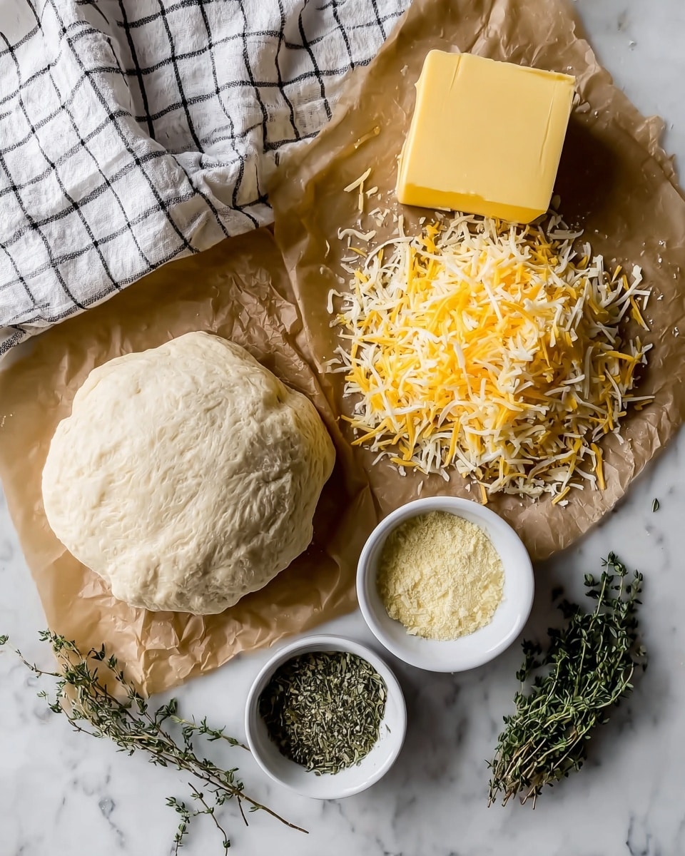 The image shows a round ball of dough sitting on brown parchment paper, next to a large pile of shredded yellow and white cheese, with a block of yellow butter nearby. Two small white bowls are placed in front, one filled with light yellow powder and the other with dried green herbs. A small bunch of fresh thyme lies between the dough and the bowls. A white and black checkered cloth is folded and placed near the top left corner, all set on a white marbled surface. Photo taken with an iphone --ar 4:5 --v 7