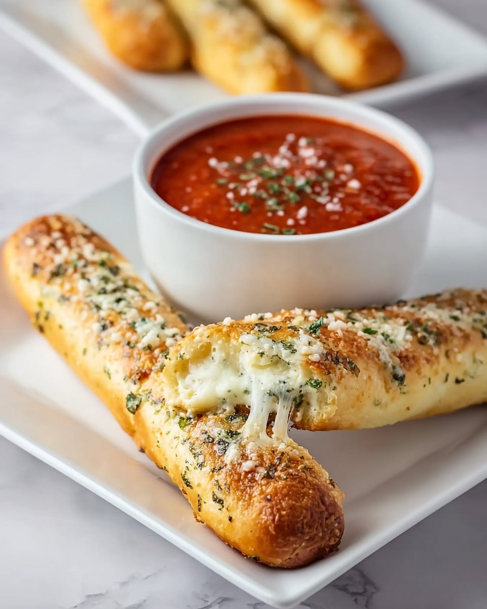 Two long golden breadsticks sit on a white square plate, covered with white cheese crumbles and green herbs. The top breadstick is broken open, showing white melted cheese stretching out inside. Next to the breadsticks is a white round bowl filled with thick red tomato sauce, sprinkled with bits of green herbs and white cheese. The plate is placed on a white marbled surface. In the blurred background, two more breadsticks are on another white plate. Photo taken with an iphone --ar 4:5 --v 7