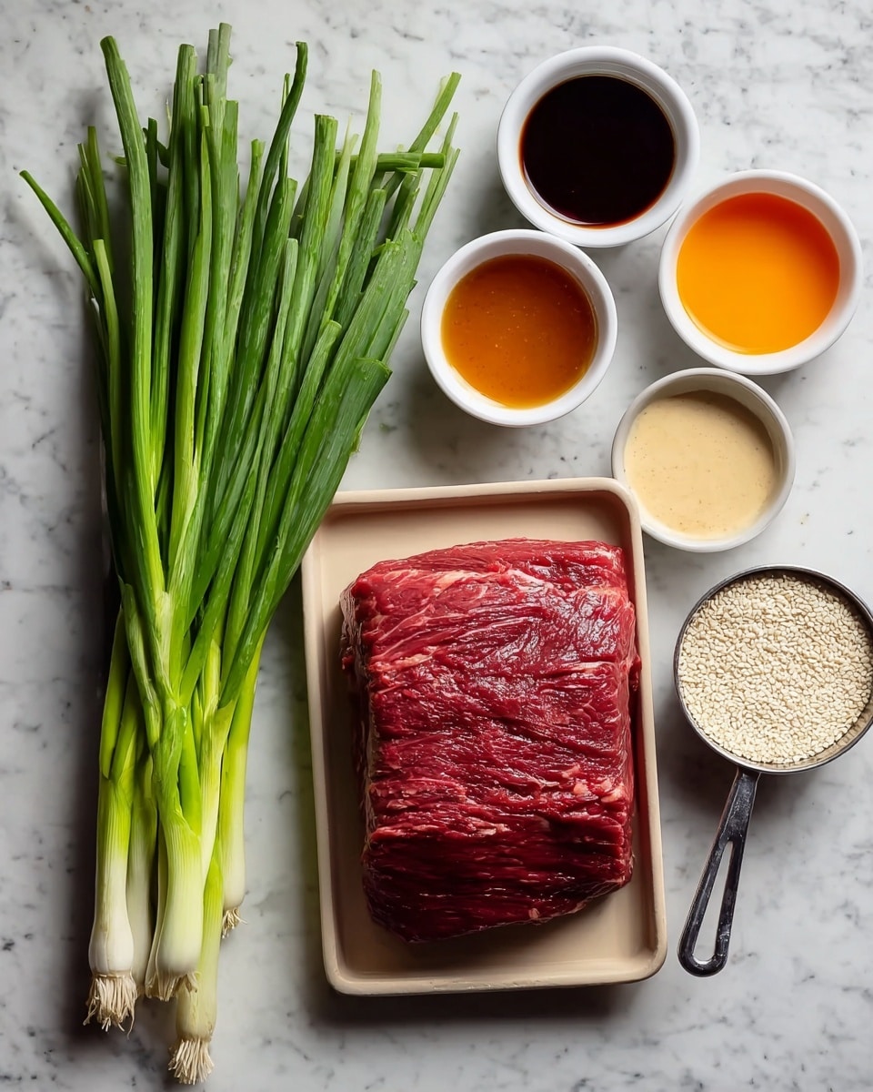 A white marbled surface holds several ingredients: on the left, a bunch of fresh green spring onions with long stalks and white bases, placed vertically. To the right, a beige tray contains a thick, deep red raw beef piece with visible muscle texture and small fat lines on top. Surrounding the tray are three small white bowls, each filled with a different liquid – one dark brown, one bright orange, and one pale cream color. Next to these bowls is a metal measuring cup filled with white sesame seeds. The arrangement is clean and simple. photo taken with an iphone --ar 4:5 --v 7