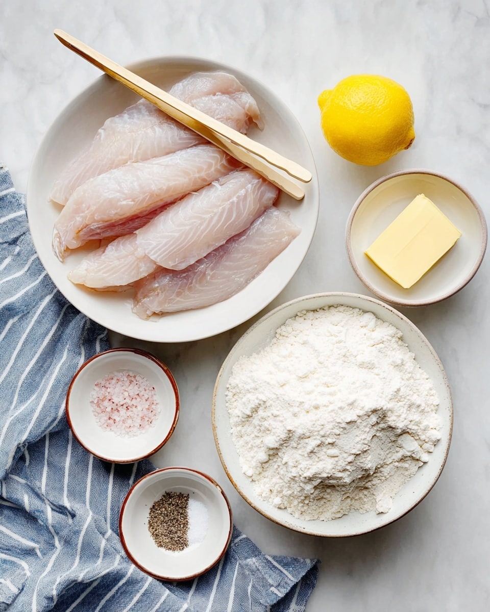 The image shows a cooking setup with raw fish fillets placed in a white bowl at the center top of the image, the fillets are pale pink with a smooth, wet texture, and some skin edges visible. On top of the bowl is a pair of light wooden tongs. To the right of the fish is a bright yellow lemon and a small white bowl containing a rectangular piece of pale yellow butter. Below the fish bowl is a larger white bowl filled with a mound of white flour that looks powdery and soft. To the left, there are two small white bowls with brown rims; one contains pink salt crystals, and the other holds ground black pepper. A blue and white striped cloth is placed at the bottom left on a white marbled surface, also serving as the background. The setup is well-lit with soft natural light. photo taken with an iphone --ar 4:5 --v 7
