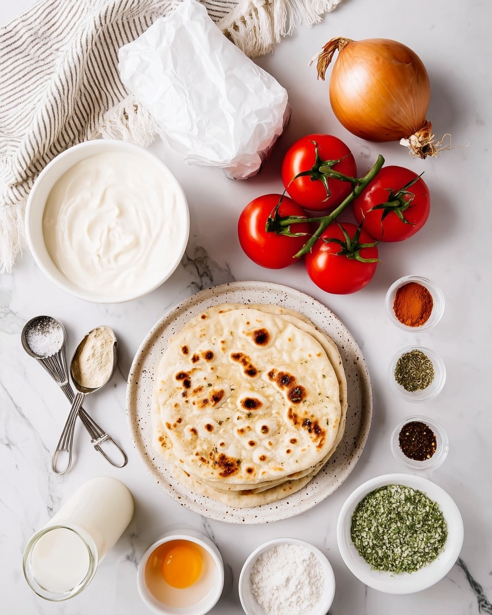 The image shows several cooking ingredients laid out on a white marbled surface. There is a stack of three flatbreads on a speckled white plate at the bottom right, each flatbread light golden with dark brown spots and sprinkled with green herbs. Above the flatbreads is a white wrapped packet. To the top right of that are three fresh red tomatoes attached to a green vine. Next to the tomatoes is a brown onion. A small white bowl filled with a thick white creamy sauce sits near the top left, and next to it is a set of metal measuring spoons. Various small white bowls containing spices, flour, an egg, milk, honey, and seasonings are arranged neatly around the main items. A white and beige striped cloth with fringed edges is in the upper left corner. The arrangement is bright and clean, emphasizing the fresh ingredients and textures. Photo taken with an iphone --ar 4:5 --v 7