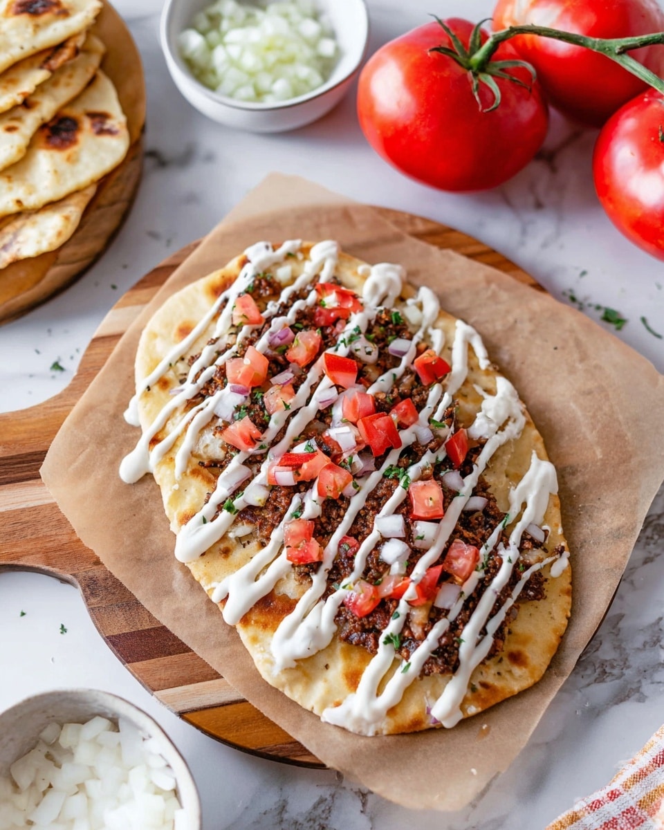 A flat round piece of light golden brown naan bread forms the base, topped with dark brown cooked ground meat spread evenly. On top of the meat, small cubes of bright red tomatoes and white onions are scattered loosely. Creamy white sauce is drizzled in thin lines across the whole surface. The naan and toppings rest on a piece of light brown parchment paper, which is placed on a wooden board. In the background, there are whole red tomatoes on green stems, a small bowl filled with chopped white onions, and parts of other naan breads on a white marbled surface. Photo taken with an iphone --ar 4:5 --v 7