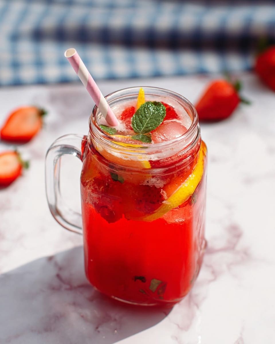 A clear glass jar with a handle filled with bright red liquid, layered with ice cubes that are partly melted, floating pieces of strawberries, thin yellow lemon peel, and green mint leaves near the top. A white and pink striped straw is placed inside the jar. The jar is set on a white marbled surface with blurred red strawberry halves and a blue and white checkered cloth in the background. The scene is lit naturally, highlighting the refreshing look of the drink photo taken with an iphone --ar 4:5 --v 7