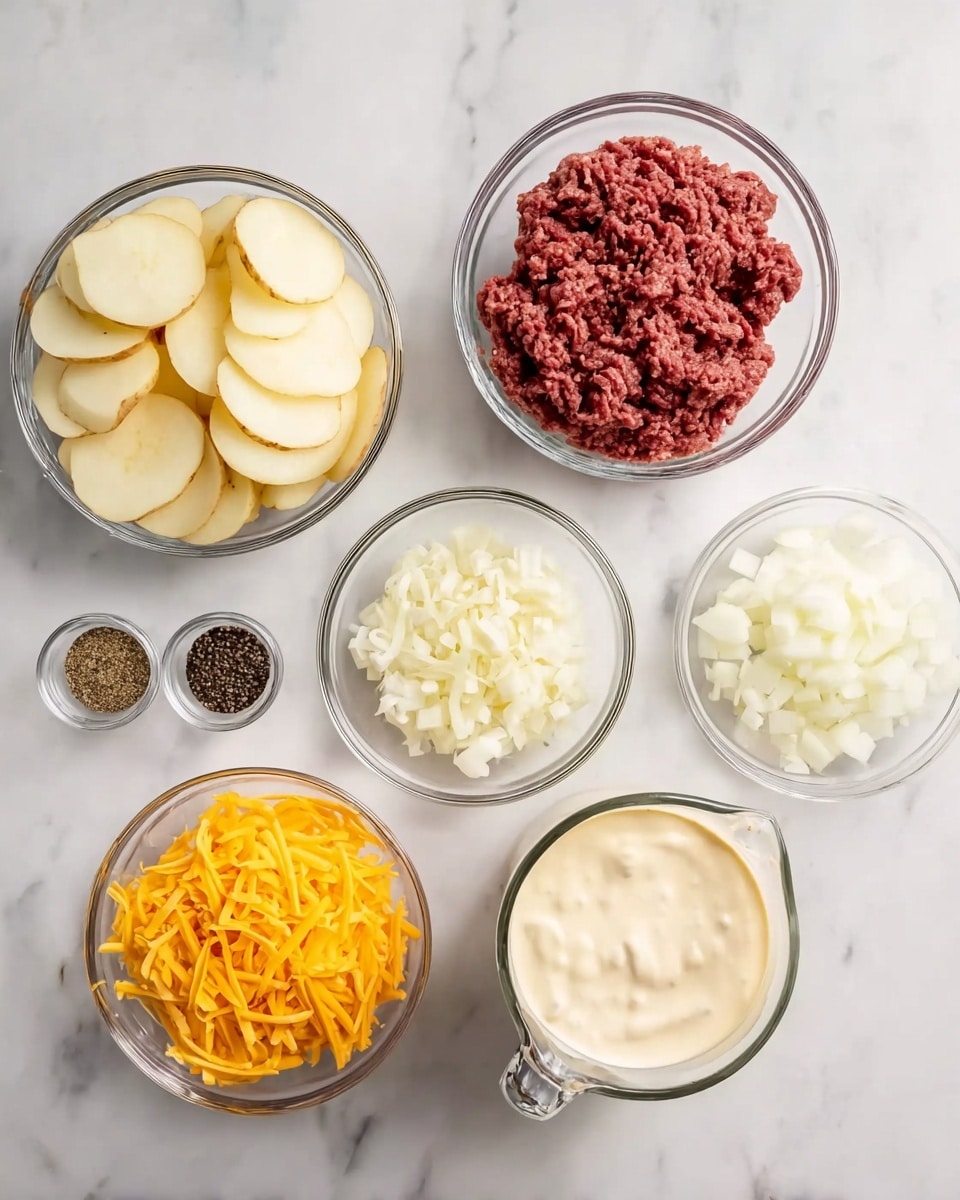 The image shows six clear glass bowls arranged on a white marbled surface. Starting from the left, the first large bowl contains thinly sliced white potatoes stacked in layers. To its right, a medium bowl holds raw ground meat with a coarse texture and deep red color. Below the meat bowl, another medium bowl is filled with shredded bright orange cheddar cheese. Above the cheese bowl, there is a small bowl with white chopped onions, roughly diced. To the right of the onions, a larger bowl contains thick, creamy white gravy with small bits in it. Above the gravy and onions, two small bowls hold black pepper and salt, and finally, a clear measuring cup with white milk completes the arrangement at the far right. Photo taken with an iphone --ar 4:5 --v 7