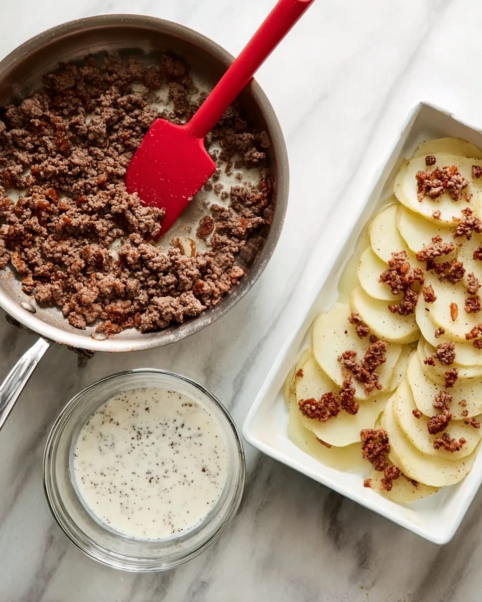 In the image, a stainless steel pan filled with browned ground meat sits on a white marbled surface, with a red spatula resting inside. Next to it, a clear glass bowl contains a white sauce speckled with black pepper. To the right, a white rectangular dish shows a layer of sliced pale yellow potatoes topped with scattered bits of the browned meat. The scene suggests a kitchen prep setting for a layered dish. Photo taken with an iphone --ar 4:5 --v 7