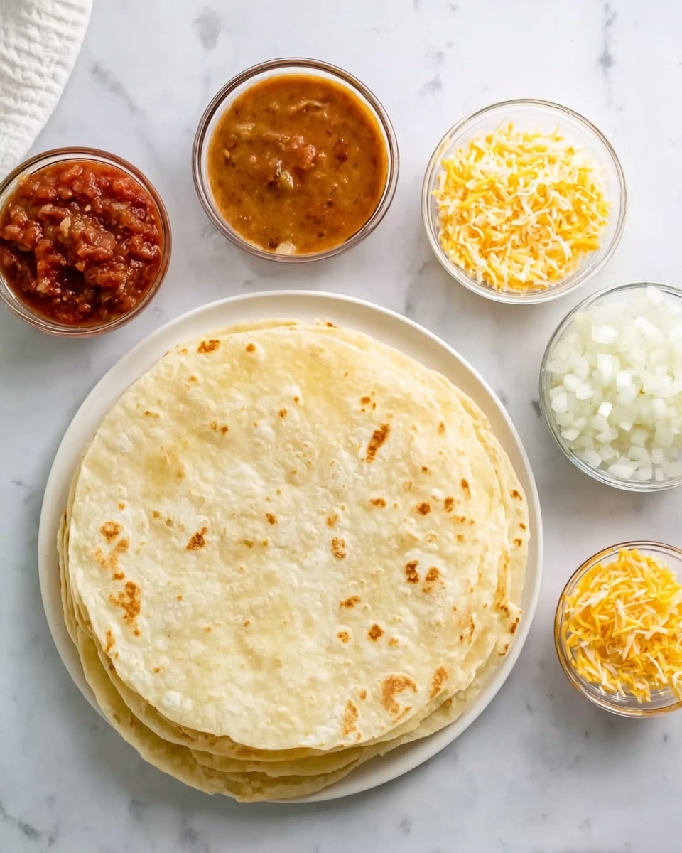 The image shows a round stack of pale yellow flour tortillas on a white plate, placed on a white marbled surface. Around the plate, there are four small clear glass bowls: one filled with chunky red salsa, another with smooth light brown sauce, a third with finely chopped white onions, and the last with a mix of shredded yellow and white cheese. The arrangement is neat and bright. Photo taken with an iphone --ar 4:5 --v 7
