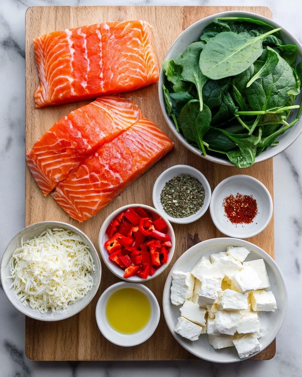 The image shows a wooden board on a white marbled background with an arrangement of fresh ingredients. There are four thick slices of bright orange salmon with white marbled lines on the left side of the board. On the top right corner, there is a white bowl filled with fresh green spinach leaves. Below the spinach are two small white dishes holding dried herbs and red chili powder, with the chili powder slightly scattered inside the dish. In the bottom middle, there is a small bowl filled with bright red diced red peppers. To the left of that is a white bowl filled with grated white cheese, and next to it is a small white bowl filled with golden olive oil. On the bottom right corner, there is a larger white bowl filled with chunks of soft white cheese. The colors and textures are fresh and vivid, displayed neatly on the wooden board. Photo taken with an iphone --ar 4:5 --v 7