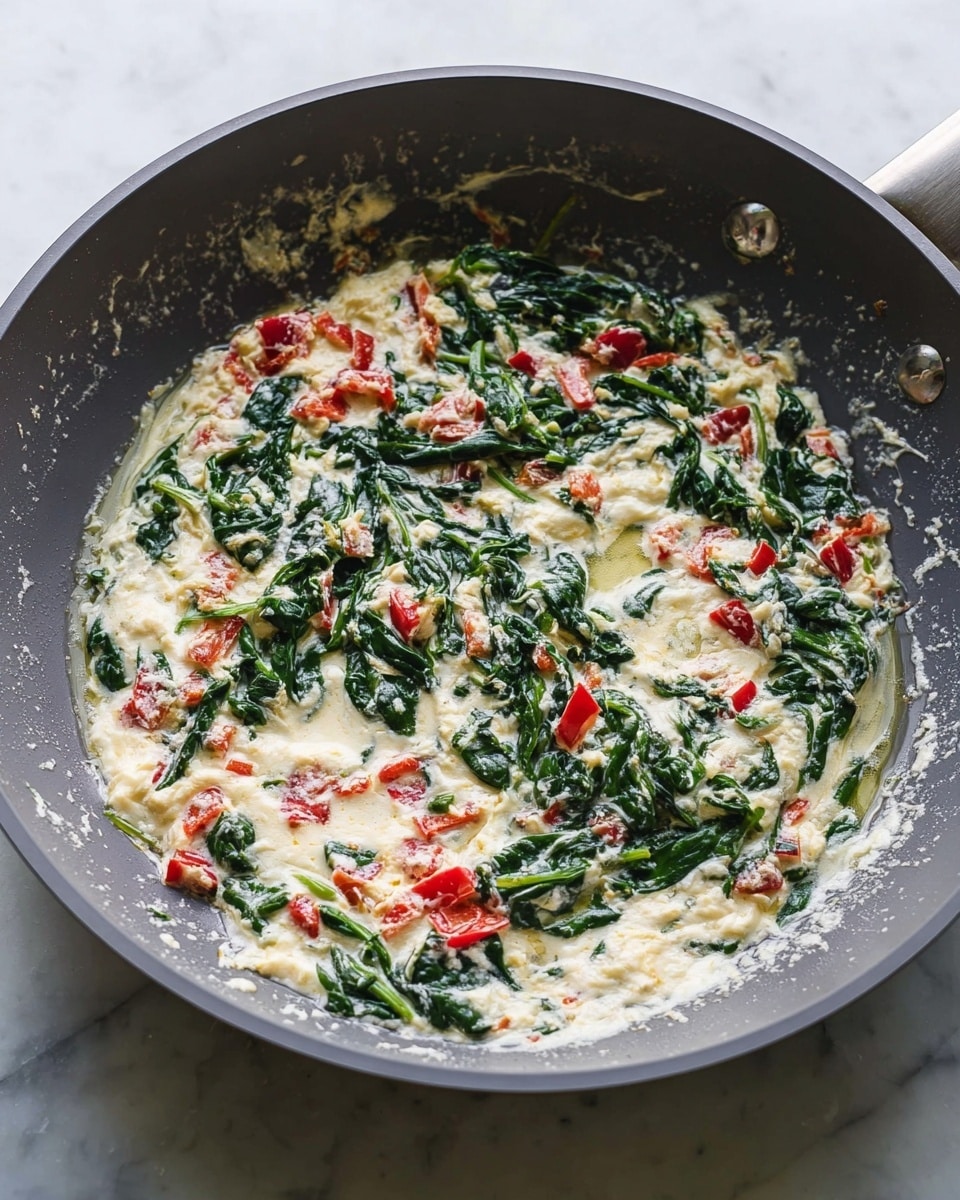 This image shows a close-up of a gray non-stick pan with a creamy mixture inside. The dish has a base layer that is white and creamy with a soft texture, mixed with wilted dark green spinach leaves spread evenly throughout. There are also small pieces of red bell pepper scattered within the creamy mixture, adding bright red color. The ingredients are combined in the center of the pan, and a little bit of oil or butter is visible around the edges. The background surface is a white marbled texture. photo taken with an iphone --ar 4:5 --v 7