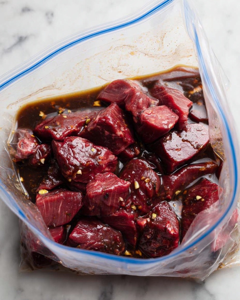 The image shows many dark red raw meat chunks inside a clear plastic zipper bag, with a dark brown liquid marinade covering the meat pieces. The bag is open and placed on a white marbled surface. Small bits of garlic or seasoning float in the marinade, and the meat pieces are uneven in shape and size. The plastic bag has some wrinkles and folds reflecting light softly. photo taken with an iphone --ar 4:5 --v 7