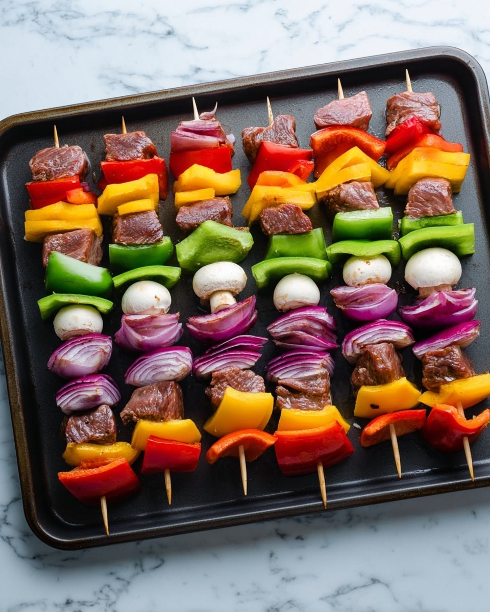 The image shows eight skewers arranged in two neat rows on a dark tray over a white marbled surface. Each skewer has five layers from bottom to top: a red bell pepper piece with a smooth texture, a bright green bell pepper piece, a yellow bell pepper piece with a firm skin, a chunk of brown cooked meat with a slightly rough surface, a purple onion slice with visible white layers inside, a white mushroom with a slightly bumpy cap and a small stem, and then another brown meat piece at the top. The colors are bright and fresh, creating a balanced and colorful look. photo taken with an iphone --ar 4:5 --v 7