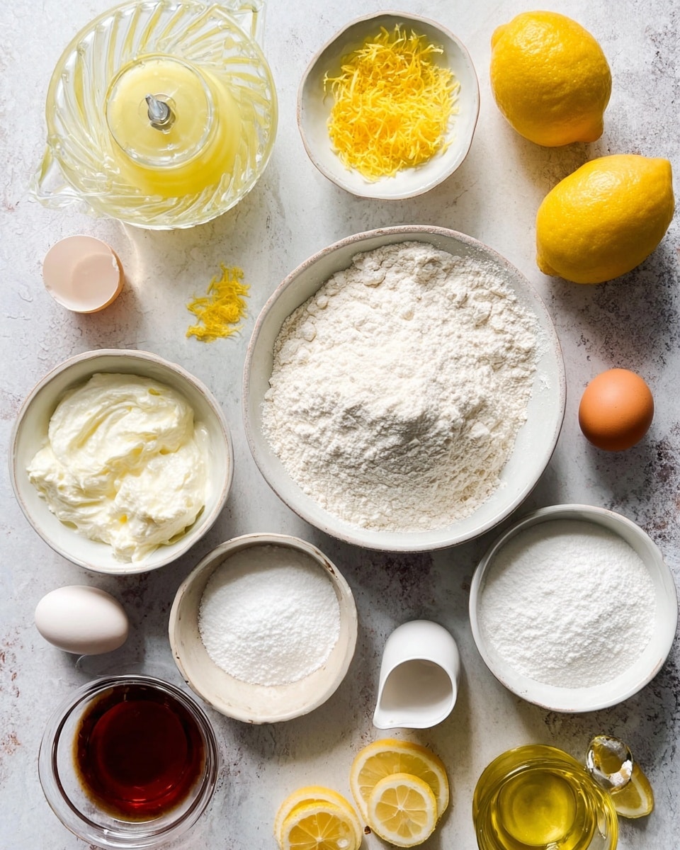 The image shows an overhead view of various baking ingredients arranged neatly on a white marbled surface. In the center, there is a white bowl filled with white flour, with a small white measuring cup partially buried in it. Surrounding it, there is a glass citrus juicer with pale yellow lemon juice to the top left, a small bowl of bright yellow lemon zest above the flour, two whole yellow lemons to the top right, and a bowl of white cream cheese or ricotta to the left. Below the cream cheese, there is a small glass bowl with a dark amber liquid, possibly vanilla extract. Next to it are two brown eggs, a white bowl filled with white sugar, and another white bowl with white powdered sugar. To the right, a small white bowl contains baking powder or baking soda, and a clear glass bottle holds golden oil. A few slices of lemon are placed at the bottom right. The arrangement is clean and bright, with natural light highlighting the textures. Photo taken with an iphone --ar 4:5 --v 7