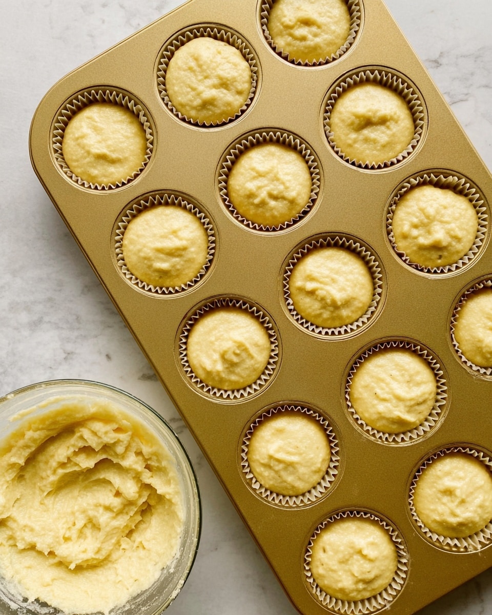 A gold muffin tray holds twelve paper liners filled with pale yellow, thick batter that has a smooth yet slightly uneven texture with small bubbles and swirls. The batter nearly fills each liner, creating a soft, rounded surface on top. To the bottom left, a clear glass bowl contains the same batter with a smooth, creamy texture and some swirled peaks. The tray and bowl rest on a white marbled surface. photo taken with an iphone --ar 4:5 --v 7