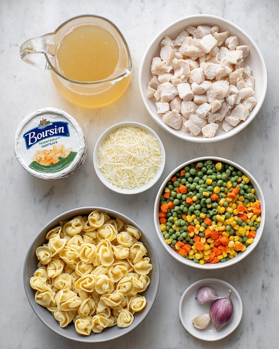 The image shows six white bowls placed on a white marbled surface, each holding different food ingredients. Starting from the top left, a glass pitcher contains light golden broth. To its right, a large white bowl holds pale beige cooked diced chicken pieces. Below the pitcher is a small white bowl with coarse salt. Next to it is another medium white bowl filled with shredded white cheese. Below that, a white round container displays a sealed package of Boursin cheese. To the right, there is a white bowl filled with mixed frozen vegetables including green beans, diced orange carrots, yellow corn, and green peas. At the bottom left, a grey bowl is full of uncooked yellow tortellini pasta. Lastly, on the bottom right, a small white dish holds two cloves of garlic with purple skin. photo taken with an iphone --ar 4:5 --v 7