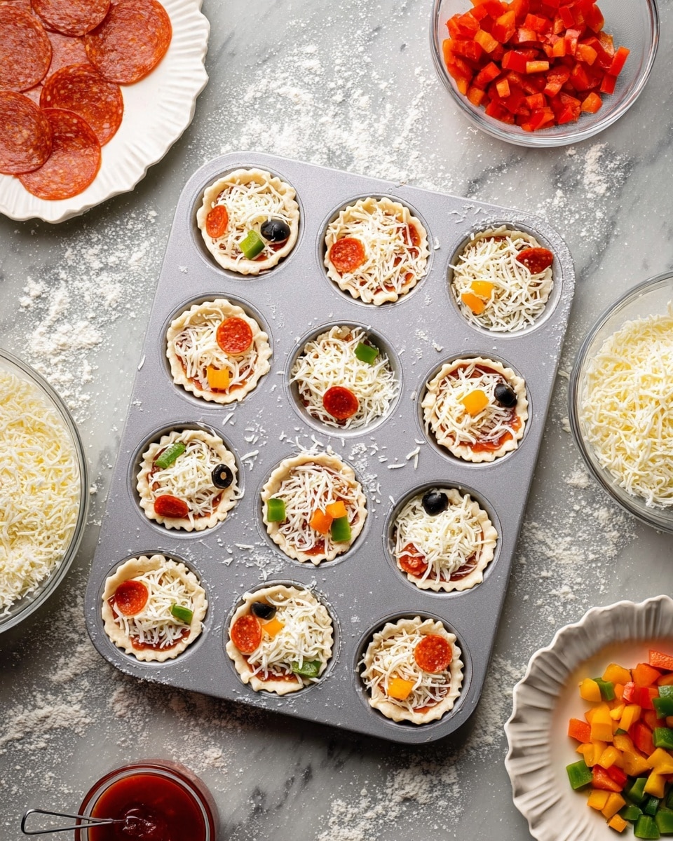 A gray muffin tray with 12 round wells filled with small pizza dough bases topped with a layer of white shredded cheese, some sprinkled with small round slices of pepperoni, others with colorful diced bell peppers in red, yellow, and green, and black olive slices. The tray sits on a white marbled surface dusted with flour. Around the tray are a small white bowl of pepperoni slices at the top left, a white scalloped plate with chopped bell peppers on the right, a small glass bowl with more cheese on the left, and a small measuring cup with red tomato sauce at the bottom left. Photo taken with an iphone --ar 4:5 --v 7