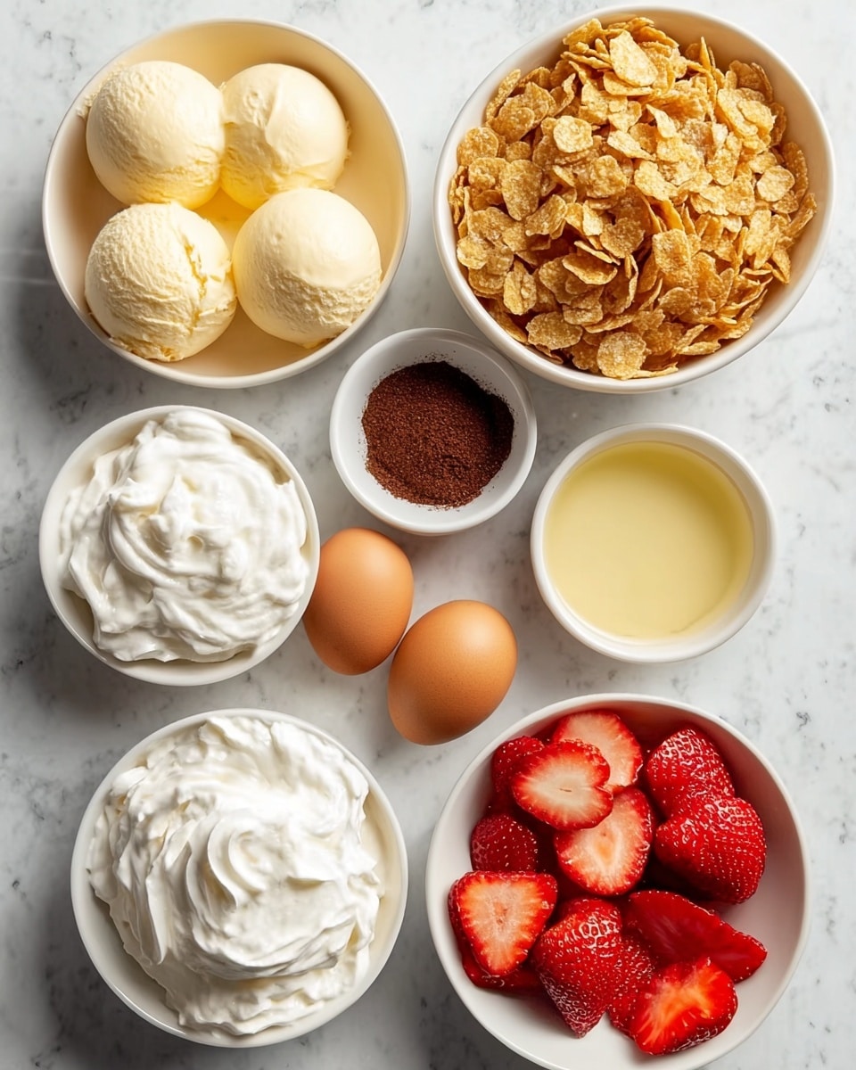 The image shows seven white bowls and two brown eggs on a white marbled surface. One bowl at the top left has three smooth scoops of pale yellow ice cream. Next to it on the right is a bowl filled with golden brown corn flakes, fluffy and crisp. Below the flakes is a small white bowl with a light yellow liquid. In the center is a small bowl containing fine, dark brown powder. At the bottom right, a bowl holds bright red strawberries cut in halves, showing their juicy texture. At the bottom left, there is a bowl of white whipped cream with soft swirls. Two brown eggs are placed side by side between the bowls of powder and whipped cream. photo taken with an iphone --ar 4:5 --v 7