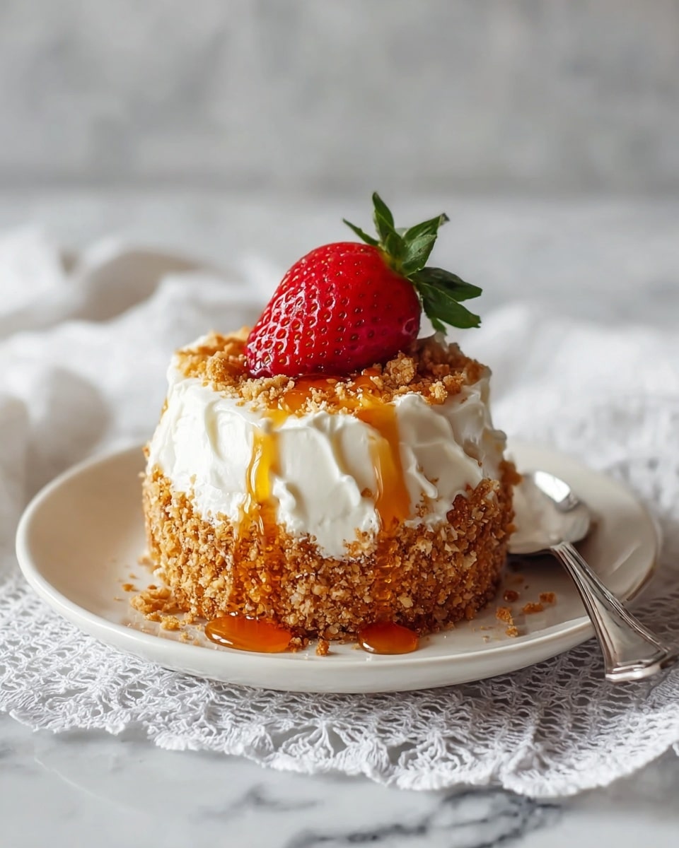 A small square cheesecake sits on a white plate with a crumbly light brown crust coating its sides. The cheesecake is creamy white inside, with a drizzle of glossy caramel sauce running down from the top onto the plate. On top, there is a swirl of white whipped cream, crowned by a whole red strawberry with green leaves. To the side of the cake, there are several thin slices of red strawberry arranged neatly. A silver spoon rests on the plate, and the plate is placed on a white lace cloth over a white marbled surface. Photo taken with an iphone --ar 4:5 --v 7