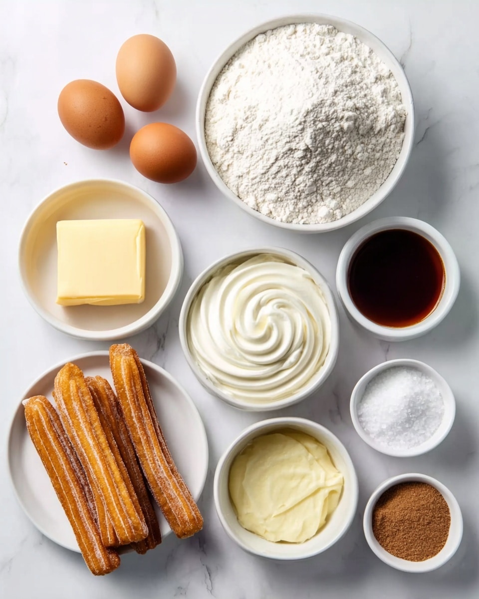 The image shows several small white bowls and a plate arranged on a white marbled surface. At the top right is a large white bowl filled with white flour, with three whole brown eggs placed closely to its left. Below the eggs is a white bowl containing a block of pale yellow butter. To the right of the butter is a white bowl with swirled thick white cream. Next to it, on the right side, is a white bowl filled with dark brown liquid, likely vanilla extract. Below, there is a white bowl with fine white salt and another with a creamy, light yellow mixture. On the bottom left, there is a white plate holding several golden brown churros coated in sugar. Near the churros are two more white bowls—one with light brown cinnamon sugar and the other with a small amount of white cream or milk. All items sit neatly spaced on the white marbled surface photo taken with an iphone --ar 4:5 --v 7