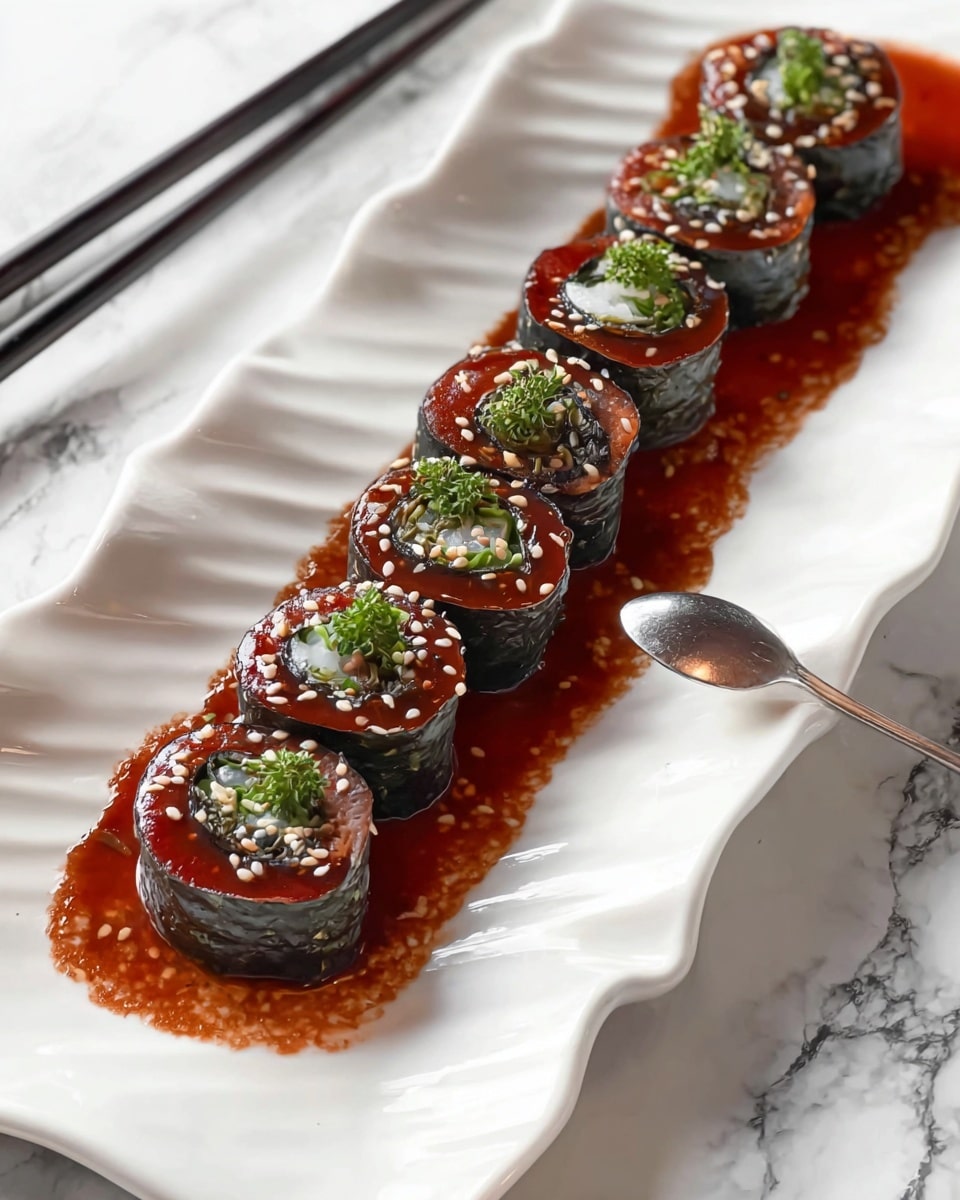 Six sushi rolls are neatly lined up on a long white plate with wavy edges, each roll showing three layers: a dark outer seaweed wrap, a red glossy sauce layer just inside, and a green vegetable center. The rolls are topped with white sesame seeds and small green herb pieces. A thick reddish-brown sauce spreads beneath the rolls on the white marbled surface of the plate. To the side, a metal spoon rests in the sauce, and a pair of black chopsticks lies on the marble background. photo taken with an iphone --ar 4:5 --v 7