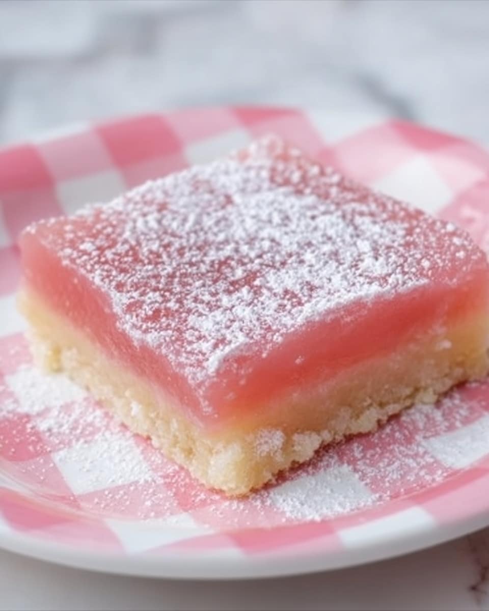 The image shows a square dessert bar with two layers placed on a white plate that has a pink and white checkered pattern. The bottom layer is light tan, appearing soft and slightly crumbly like a shortbread crust. The top layer is a smooth, glossy pink, slightly translucent and thick. The whole bar is dusted with a fine layer of white powdered sugar. The plate is set on a white marbled surface. The bright colors and powder make the dessert look fresh and sweet. photo taken with an iphone --ar 4:5 --v 7