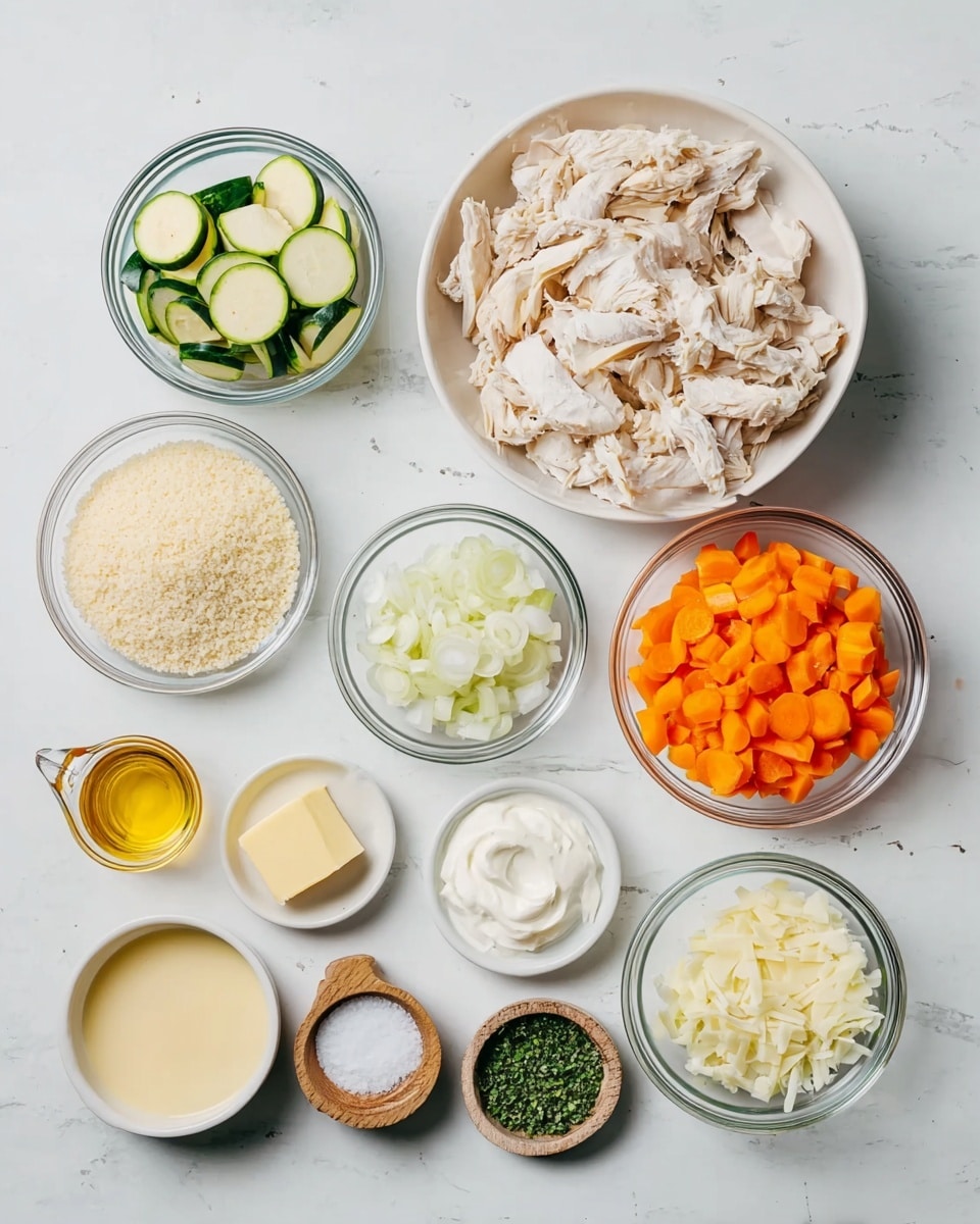 A top view of several ingredients arranged neatly on a white marbled surface, including five pieces of pink-orange salmon fillets placed on a beige oval plate at the center right. Around it, there are small white and wooden bowls holding various ingredients: finely grated pale yellow parmesan cheese, flour with a powdery white texture, pale yellow butter cubes, golden olive oil, white heavy cream in a small jug, red pepper flakes, brownish dried sun-dried tomatoes, green fresh basil leaves, a small pink clove of garlic, and a mix of salt and black pepper along with dried herbs labeled Italian seasoning. A clear glass measuring cup filled with yellow chicken broth with small black specks completes the setting. All items are separated clearly, showing their colors and textures vividly, photo taken with an iphone --ar 4:5 --v 7