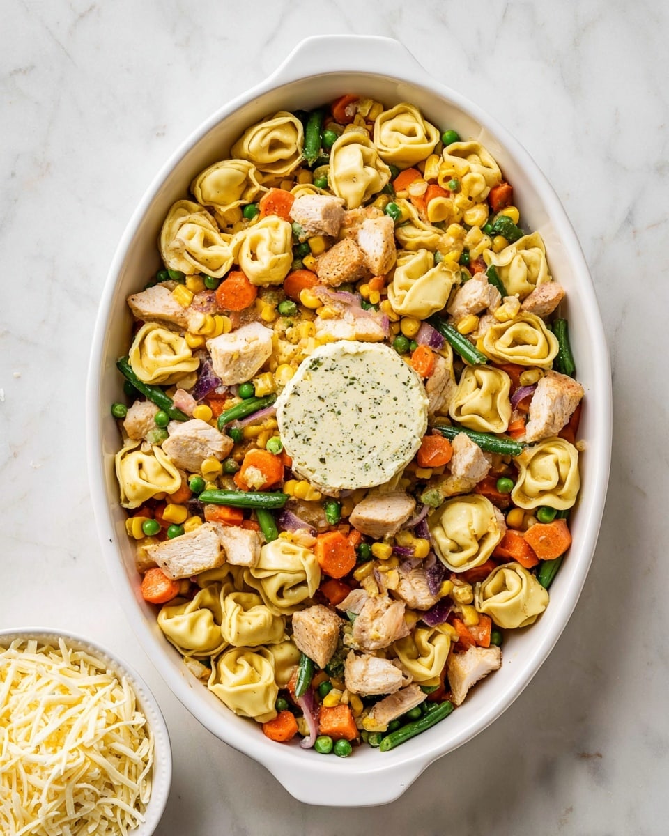 A white oval dish filled with a colorful mix of small tortellini pasta, diced cooked chicken pieces, and a variety of mixed vegetables including green beans, orange carrots, green peas, and yellow corn kernels. In the center of the dish, there is a round pat of herb butter with visible specks of green herbs. The dish sits on a white marbled surface, and next to it on the lower left side is a small white bowl filled with shredded cheese. Photo taken with an iphone --ar 4:5 --v 7