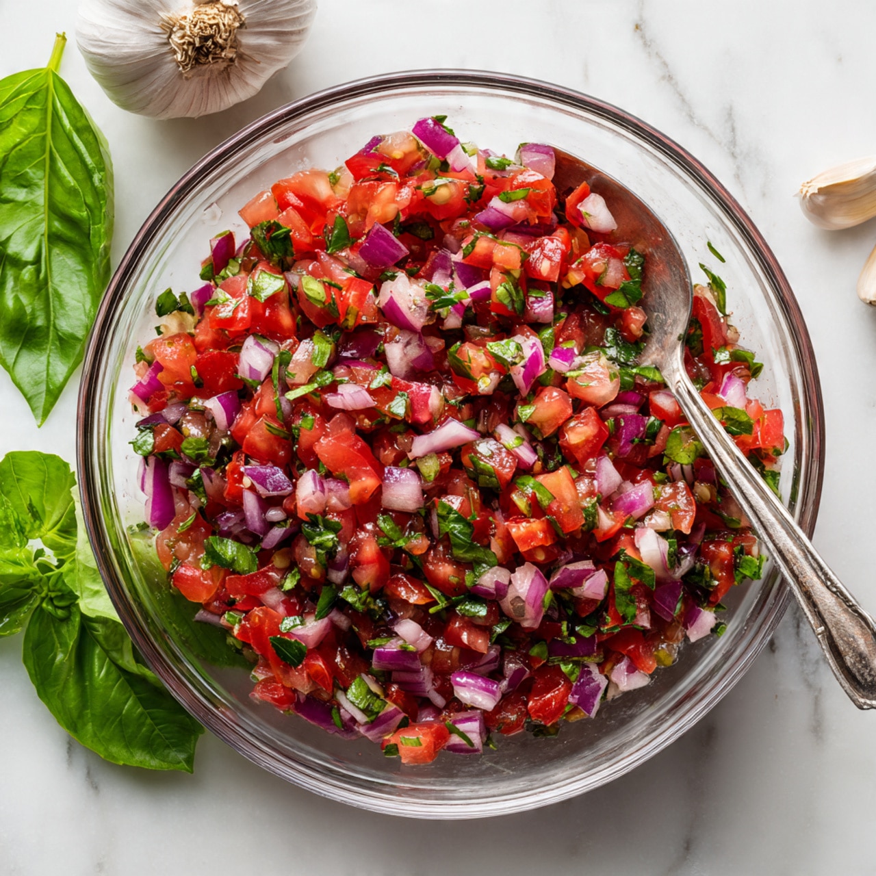 A clear glass bowl filled with a colorful mix of finely chopped red tomatoes, red onions, and green parsley. The mixture is vibrant with fresh red, purple, and green colors, and small bits of herbs are visible throughout. A silver spoon rests inside the bowl. Around the bowl, there are fresh green basil leaves on the left and a whole garlic bulb on the white marbled surface background. Photo taken with an iphone --ar 4:5 --v 7