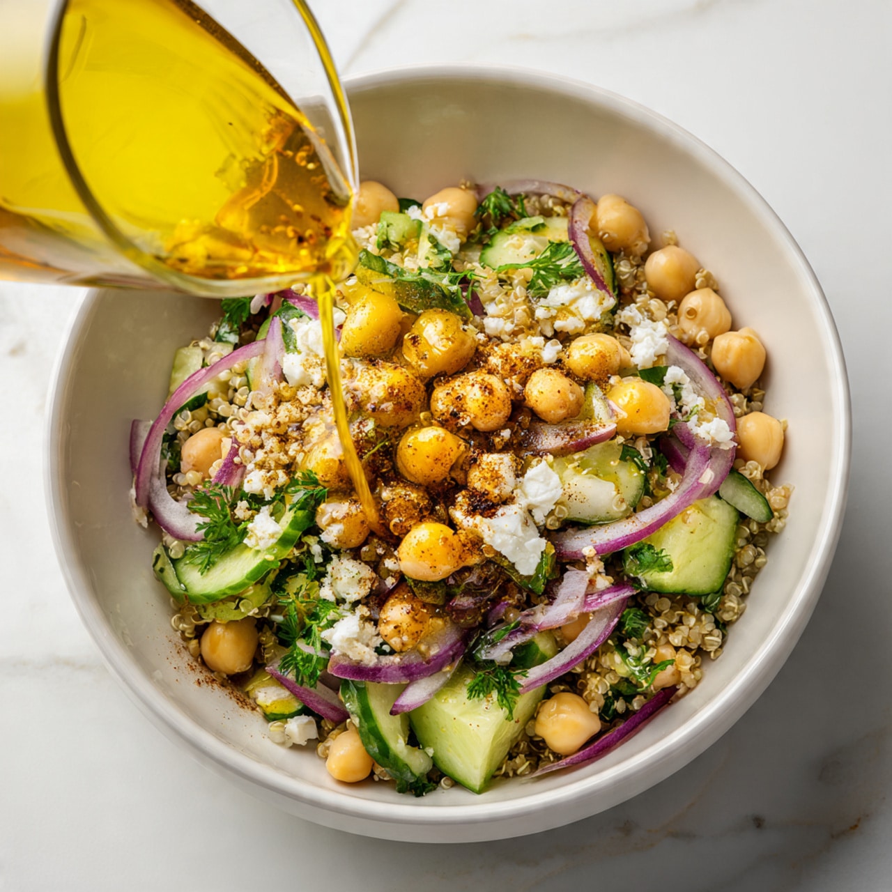 A clear glass container is pouring a yellow oil dressing mixed with brown spices over a white bowl filled with a colorful salad. The salad has several layers with small round light beige chickpeas scattered throughout, them small green leafy herbs, white crumbly cheese pieces, bright green cucumber slices, and bits of purple onion, all mixed with a base of tan quinoa grains. The white bowl is set on a white marbled textured surface. photo taken with an iphone --ar 4:5 --v 7