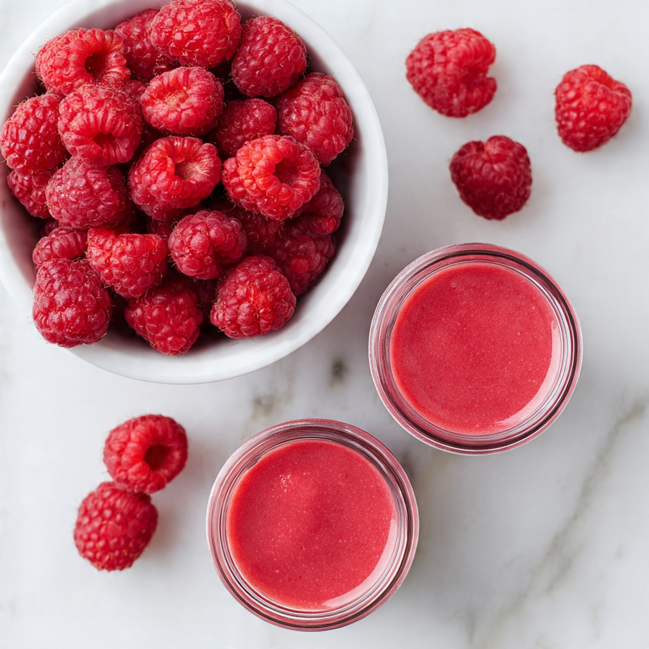 The image shows a white bowl at the top left filled with bright red raspberries, with some raspberries scattered around it on a white marbled surface. Below and to the right of the bowl are two small glass jars filled with smooth, pinkish-red raspberry sauce, each with a creamy texture and slightly shiny surface. The scattered raspberries add a fresh and natural look to the setting. Photo taken with an iphone --ar 4:5 --v 7