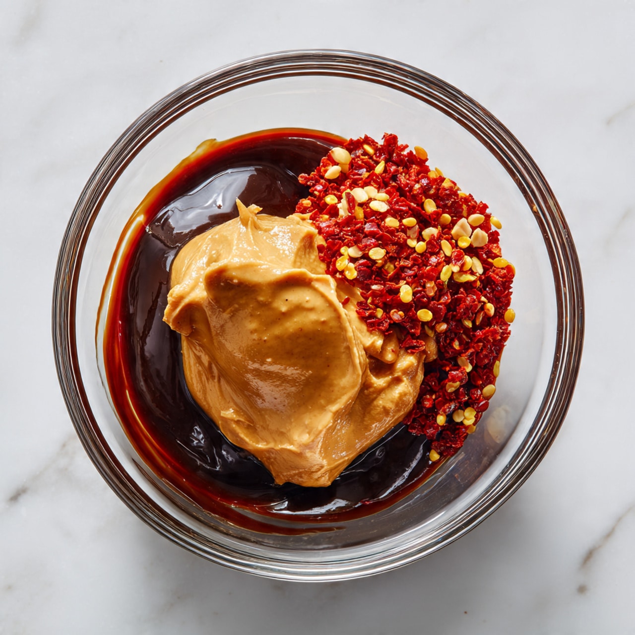 A clear glass bowl sits on a white marbled surface, holding three main layers of sauce ingredients. The bottom layer is a shiny, dark brown liquid that fills most of the bowl. On one side, a smooth, light brown peanut butter sits thickly on top of the dark sauce. The other side is covered with a layer of bright red crushed chili flakes with some yellow seeds, giving a textured and spicy look. The ingredients are not mixed yet, showing clear separation between each layer. Photo taken with an iphone --ar 4:5 --v 7