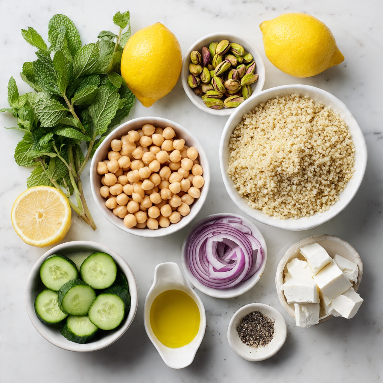 The image shows a white marbled surface with various ingredients for a salad arranged neatly. There is a cluster of fresh bright green mint leaves on the top left, next to two bright yellow lemons. Above center, a small bowl holds salted pistachios in shades of green and brown, while to the right, a larger bowl contains light beige quinoa grains with a fluffy texture. Below these, a medium white bowl is filled with round, tan chickpeas. On the right side, there is a bunch of fresh dark green parsley, and below that, a few thin light purple rings of red onion rest on the surface. Near the bottom left, a white bowl is full of bright green cucumber slices with white flesh inside. To its right, a smaller bowl holds small cubes of white feta cheese. Below, a white cup contains golden olive oil, and next to it, a tiny white dish holds black pepper and salt. The overall scene is crisp and clean with clear labels on each ingredient. Photo taken with an iphone --ar 4:5 --v 7