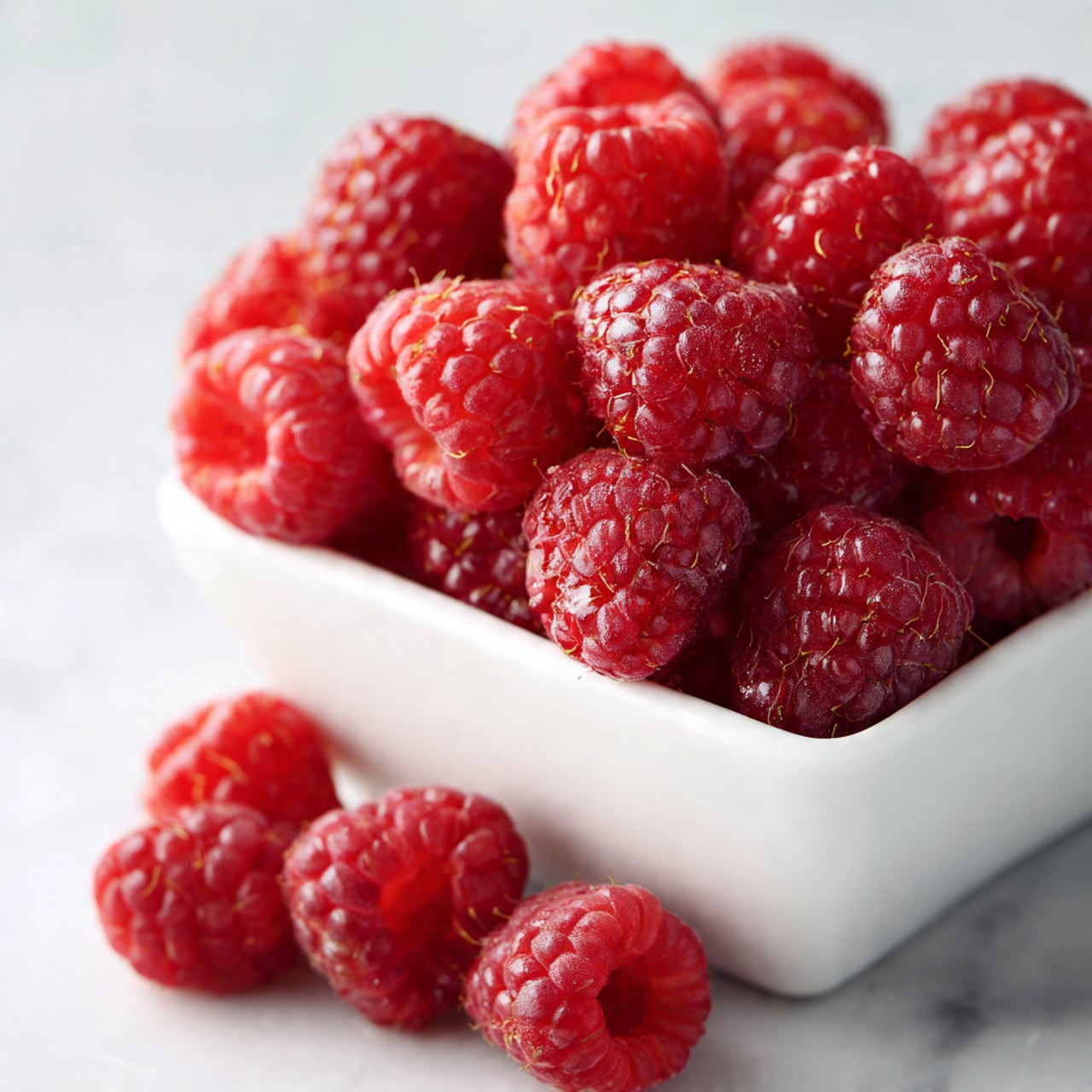 A close-up view of many bright red raspberries in a white bowl placed on a white marbled surface, with some raspberries scattered in front of the bowl showing their textured, bumpy surface and tiny hairs. The raspberries are plump and fresh, filling the bowl fully and spilling slightly on the surface around it. Photo taken with an iphone --ar 4:5 --v 7