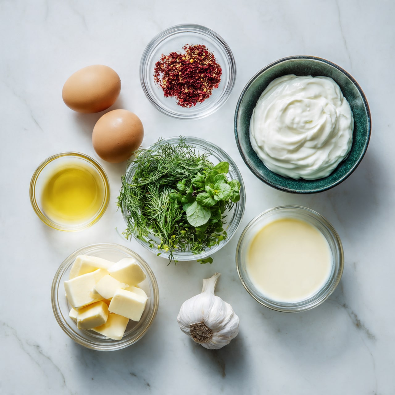 The image shows seven small bowls and one garlic clove placed on a white marbled surface. At the top right, a dark bowl filled with smooth, white yogurt is visible. Below it to the right, a clear glass bowl holds fresh green herbs including mint and dill. To the left of that bowl, a small white bowl contains red spices. Above the spice bowl, there is a single clove of garlic. To the far left, a clear glass bowl contains two brown eggs. Below that, a white bowl has a light yellow liquid, and at the bottom left, another clear glass bowl contains pale yellow slices of butter. photo taken with an iphone --ar 4:5 --v 7