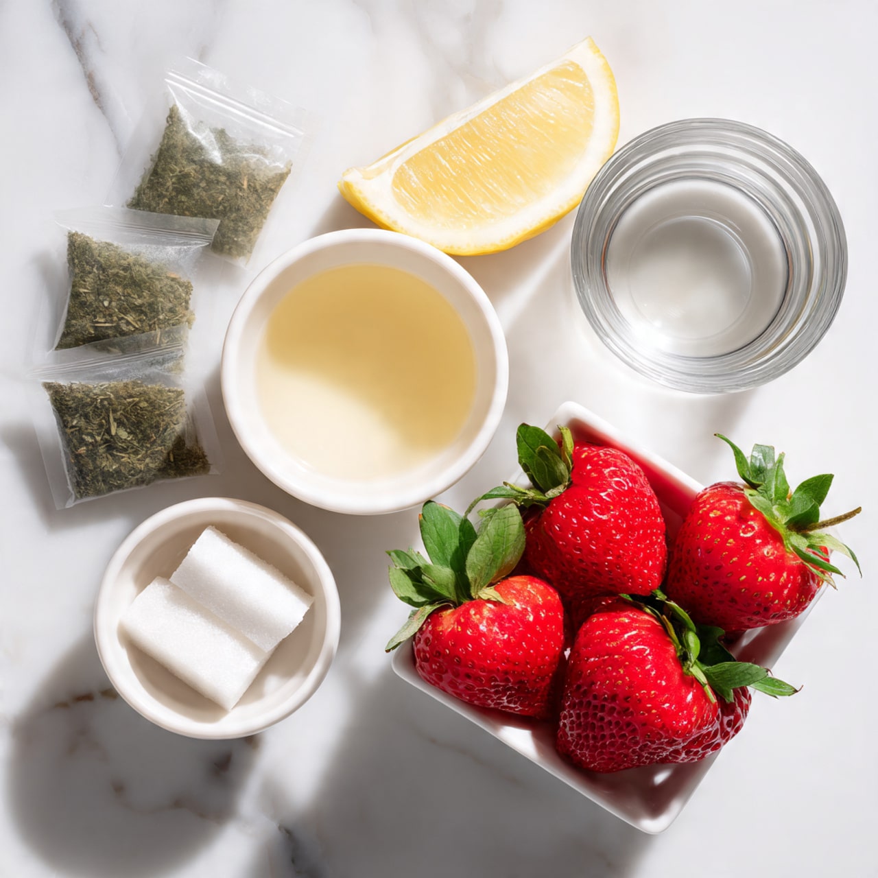 A top view of fresh red strawberries with green leaves in a white bowl positioned at the bottom right. Above and to the left, a small white bowl with pale yellow lemon juice and next to it, another white bowl with clear water. On the left side, there are two green tea bags and below them a small white bowl with white sugar. All items are arranged on a white marbled surface. Photo taken with an iphone --ar 4:5 --v 7